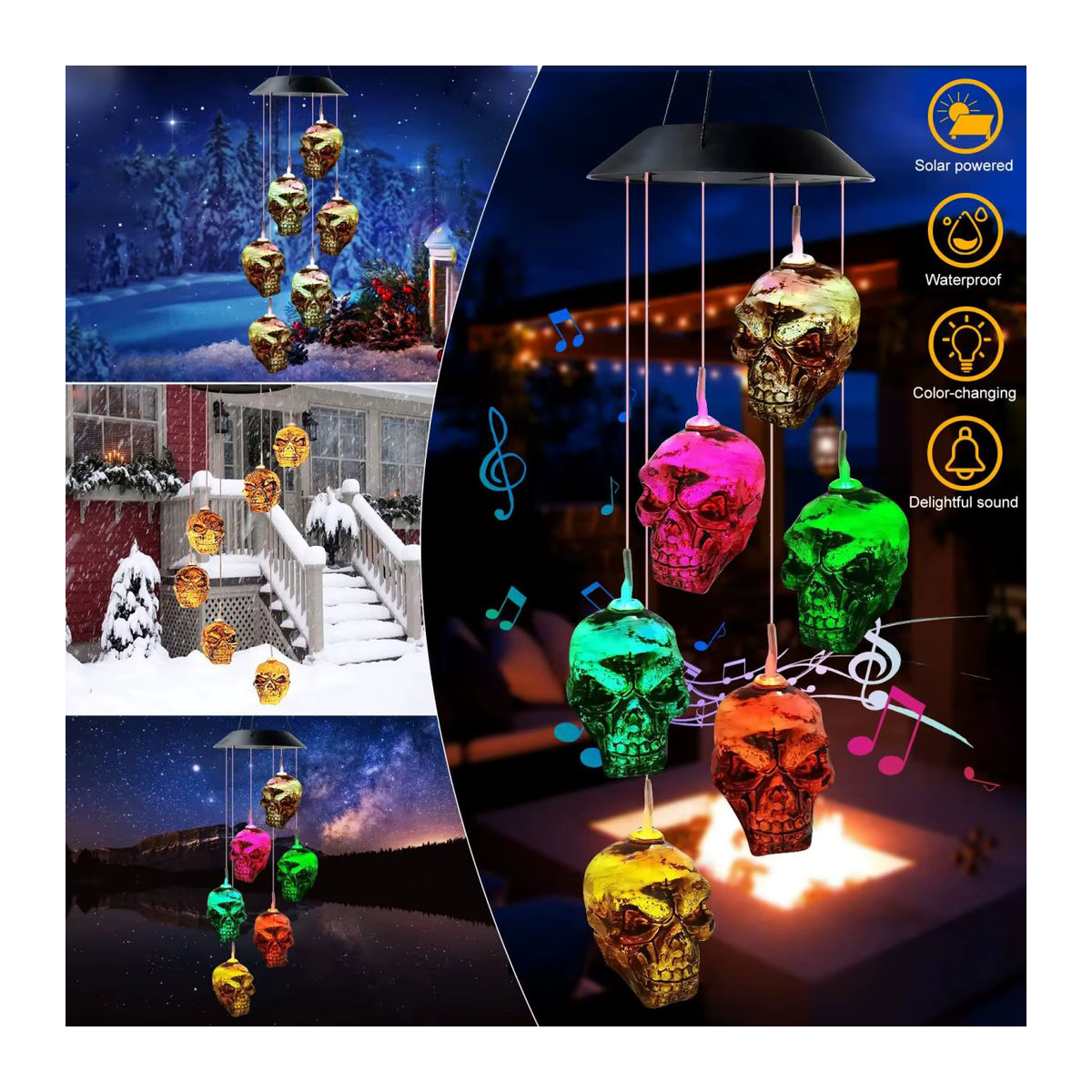Peach Forest Halloween Solar Windspiel mit 6 LED Schädelköpfen, mehrfarbig, hängende Gartenleuchte aus Kunstharz - Bild 4