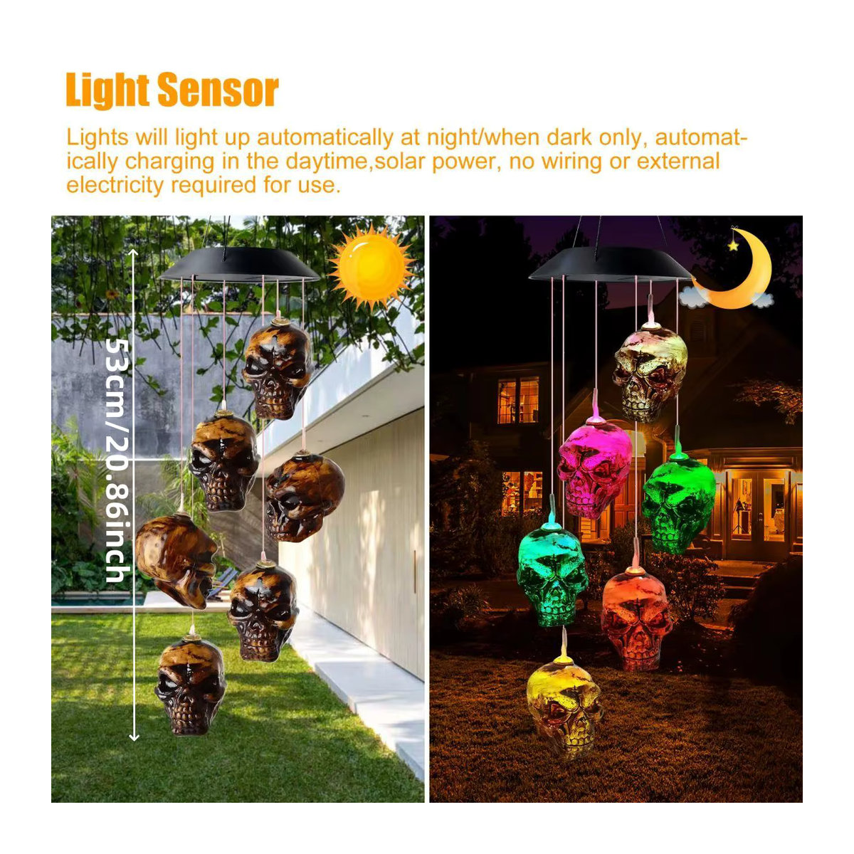 Peach Forest Halloween Solar Windspiel mit 6 LED Schädelköpfen, mehrfarbig, hängende Gartenleuchte aus Kunstharz - Bild 5