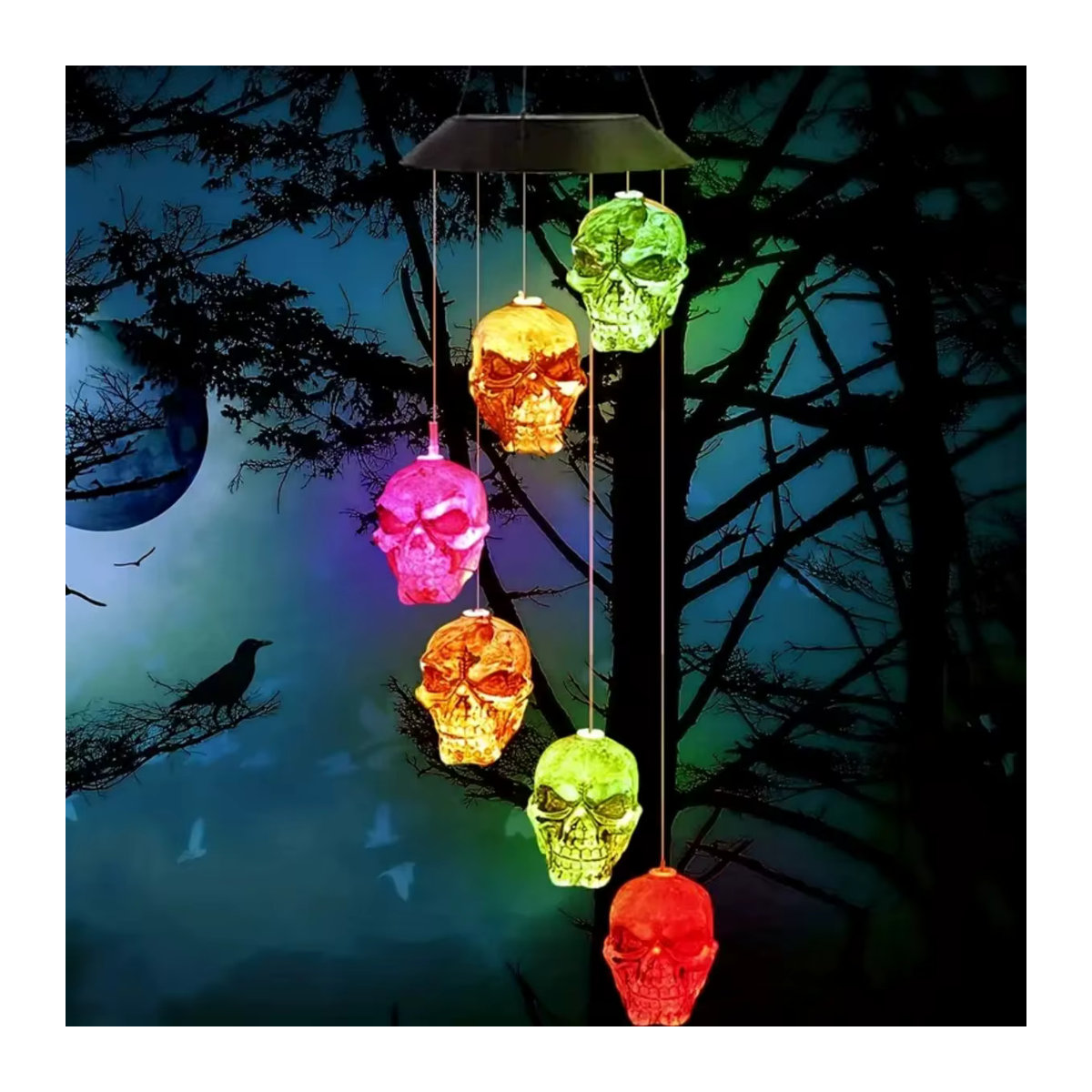 Peach Forest Halloween Solar Windspiel mit 6 LED Schädelköpfen, mehrfarbig, hängende Gartenleuchte aus Kunstharz - Bild 7