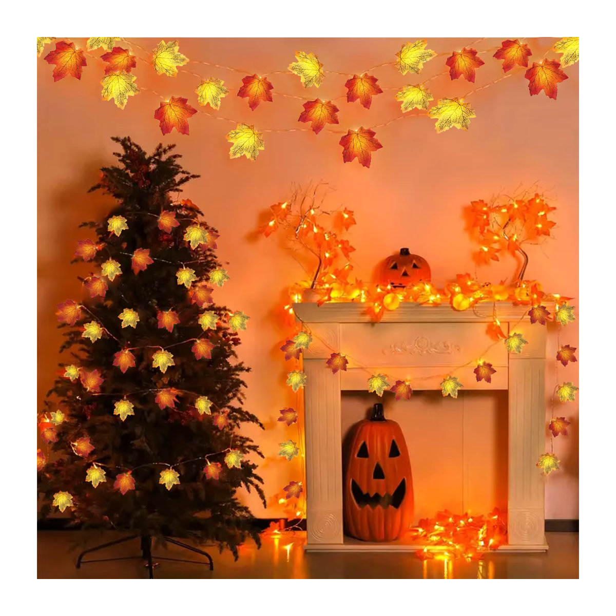Peach Forest LED Ahornblatt Lichterkette in Orange für Halloween Dekorationen im Innen- und Außenbereich mit Batteriebetrieb - Bild 4
