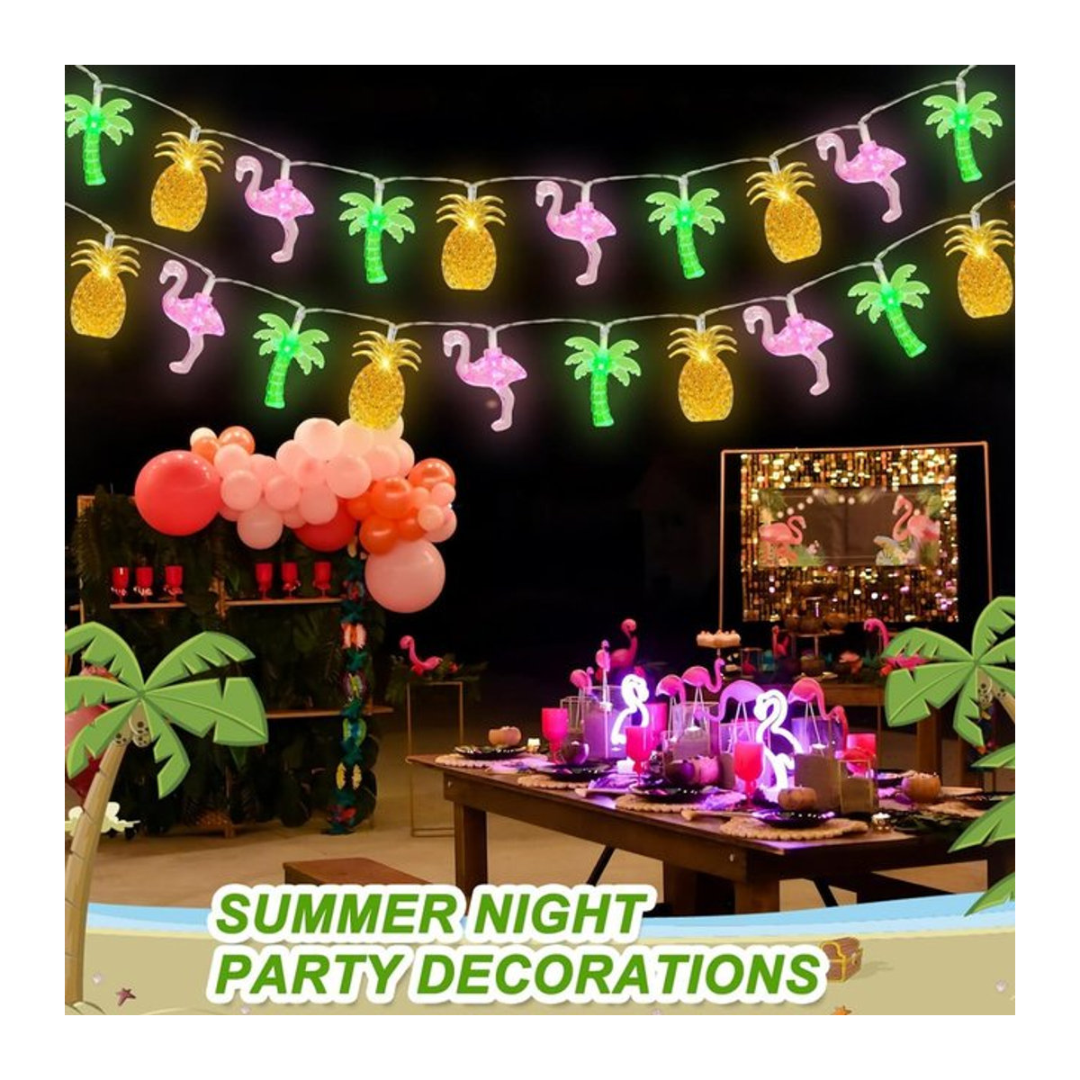 Peach Forest LED Lichterkette mit Flamingo Ananas und Palme für tropische Hawaiianische Atmosphäre, Batteriebetrieben - Bild 1