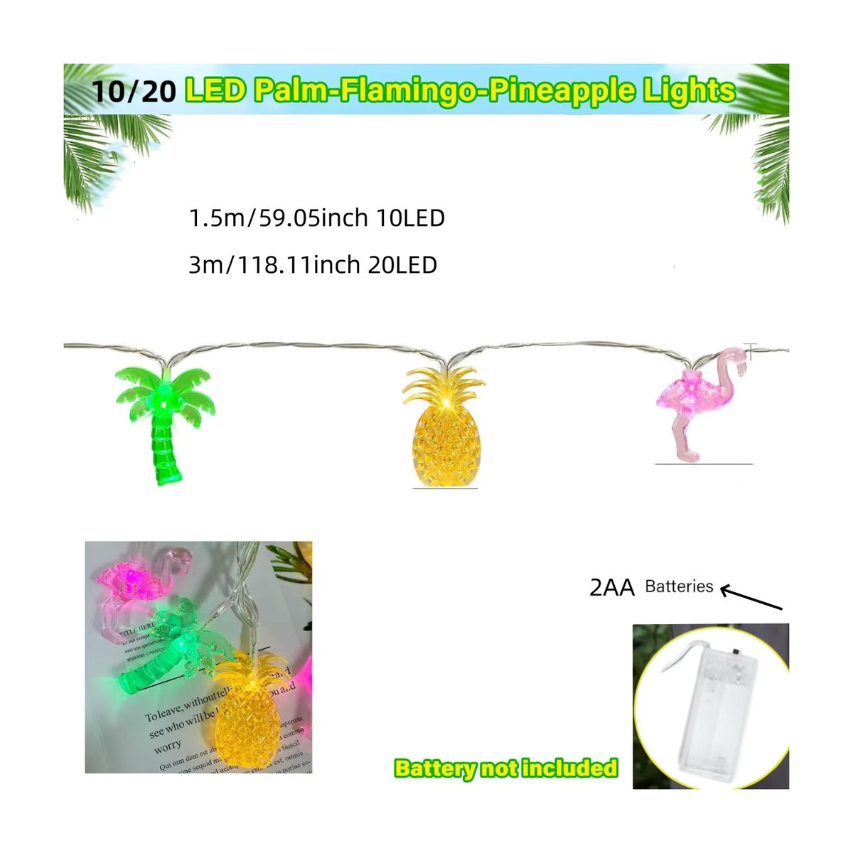 Peach Forest LED Lichterkette mit Flamingo Ananas und Palme für tropische Hawaiianische Atmosphäre, Batteriebetrieben - Bild 4