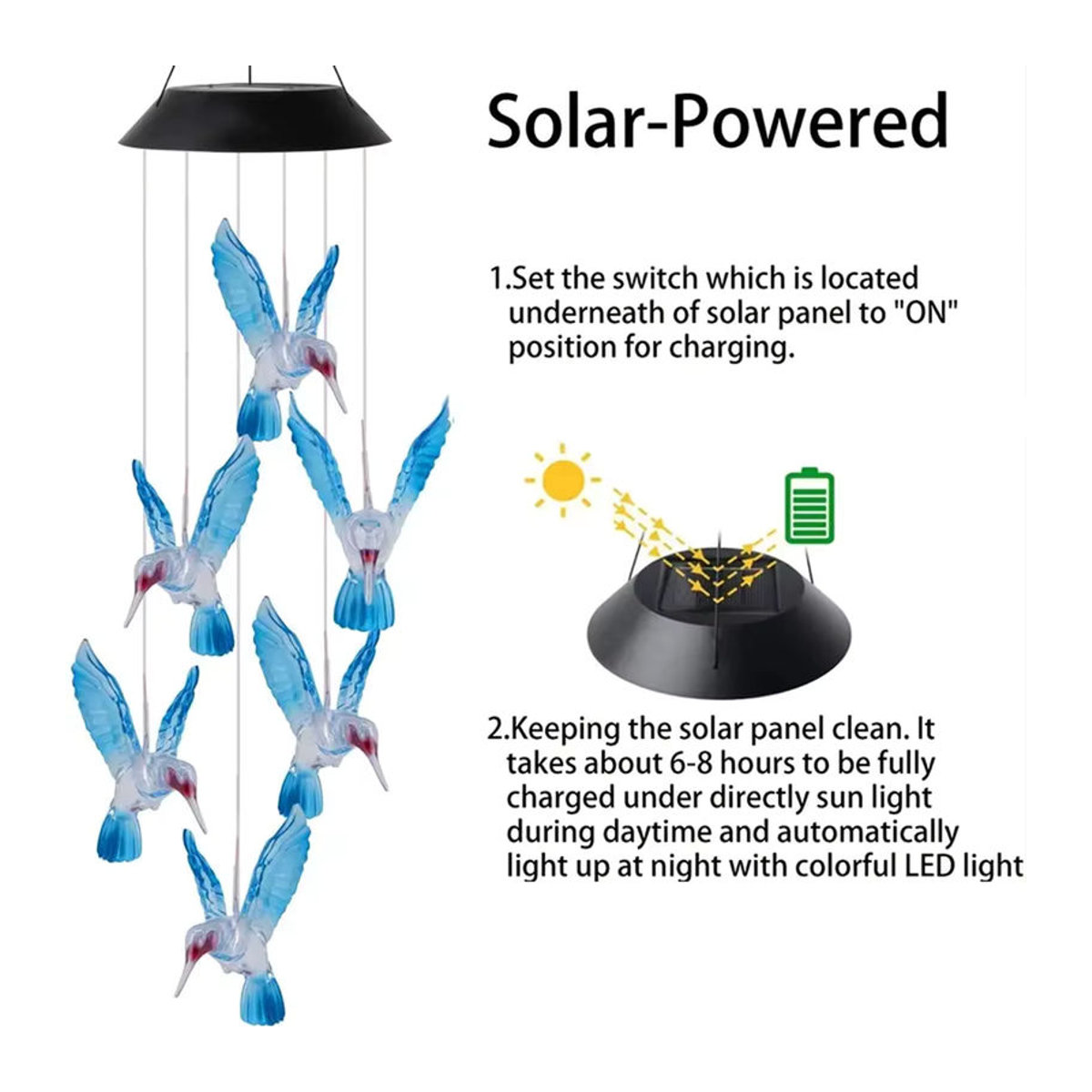 Peach Forest Solar Windspiel Kolibri mit Farbwechsel und LED für den Außenbereich, Bunt - Bild 3