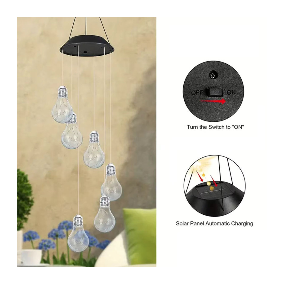 Peach Forest Solar-Windspiel mit 6 bunten LED-Solarbirnen zur Außendekoration für Garten und Haus - Bild 4