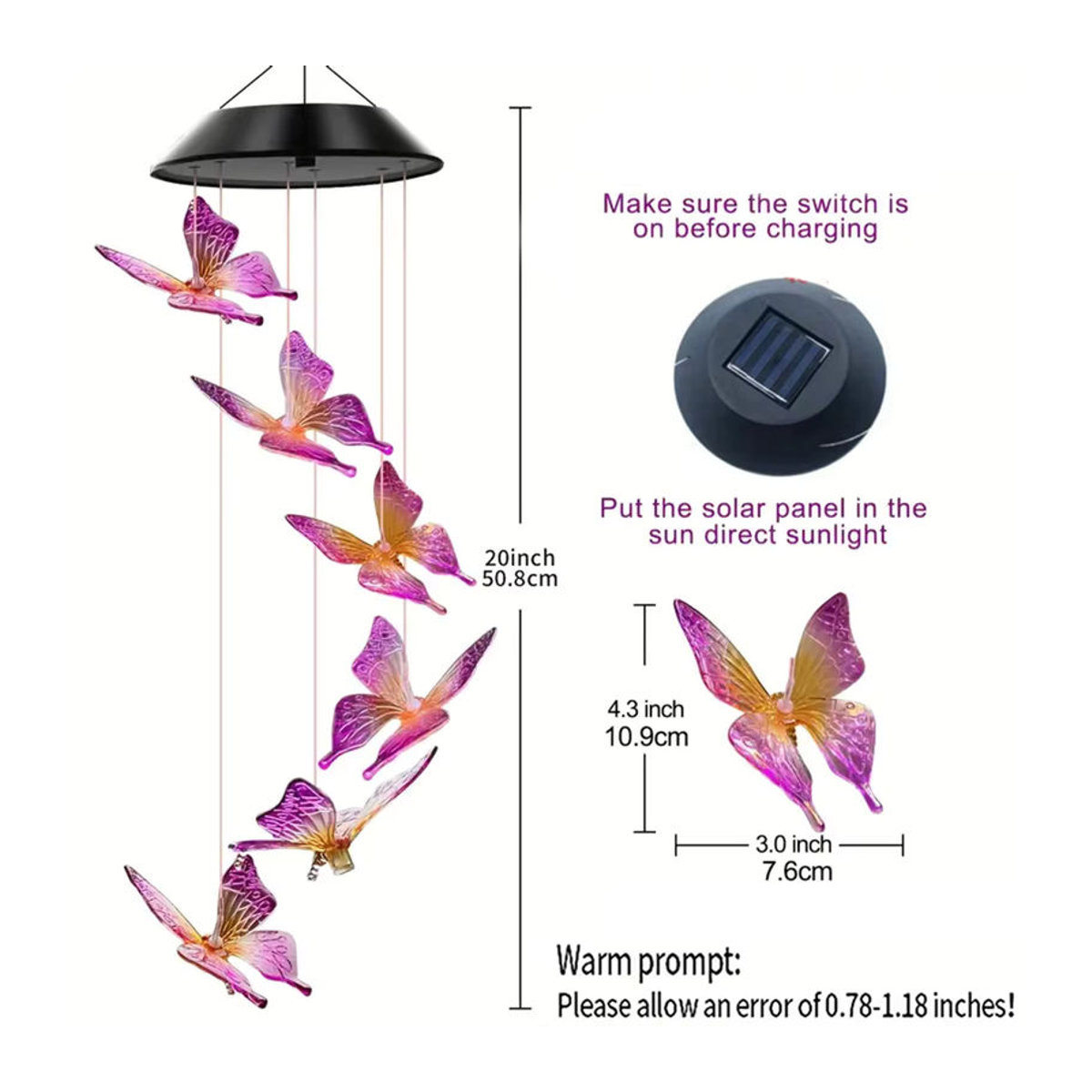 Peach Forest Solar Windspiel Schmetterling in Lila und Mehrfarbig mit Farbwechsel-Lichtern zur Garten Dekoration - Bild 3
