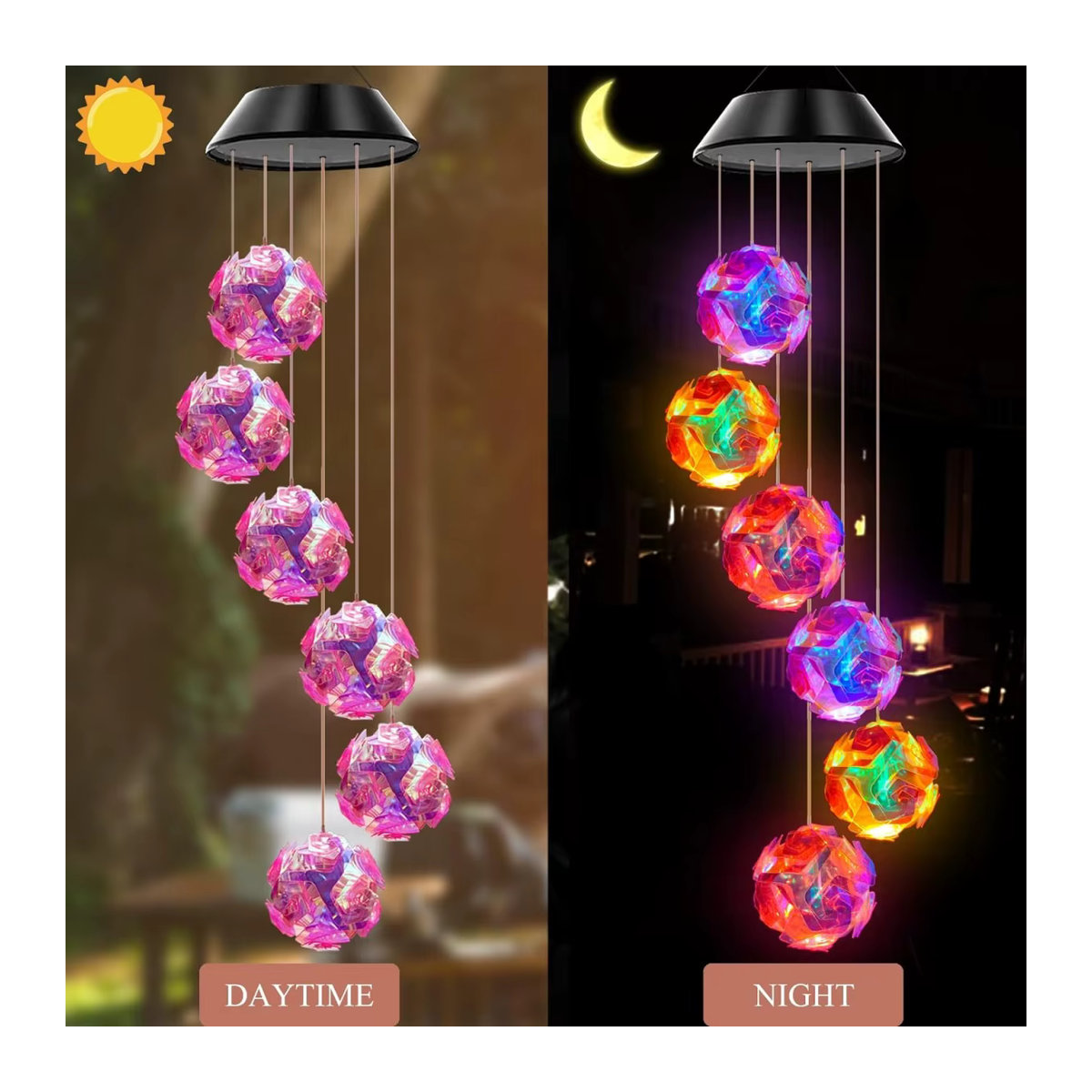 Peach Forest Solarleuchte mit farbwechselndem LED-Licht und rosa bestickter Kugel-Blumen-Windspiel für den Außenbereich - Bild 2