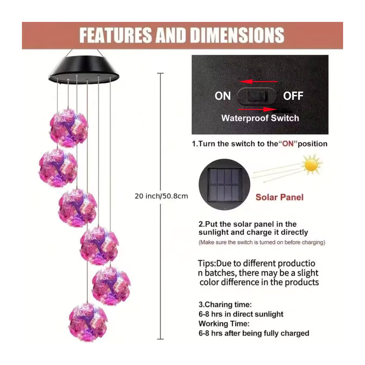 Peach Forest Solarleuchte mit farbwechselndem LED-Licht und rosa bestickter Kugel-Blumen-Windspiel für den Außenbereich - Bild 3