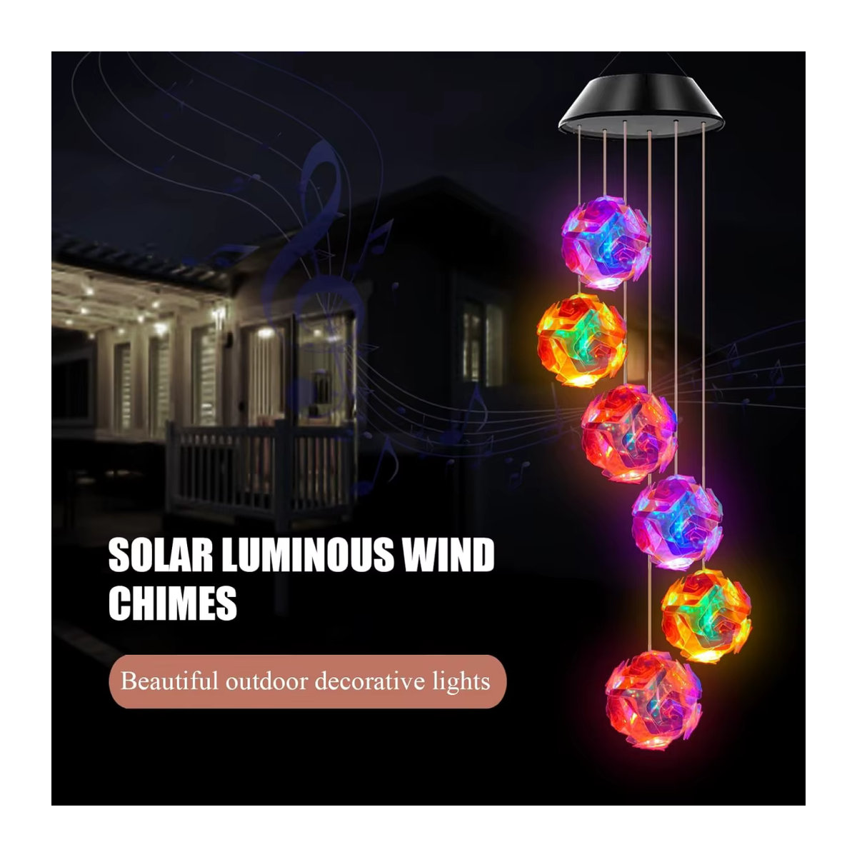 Peach Forest Solarleuchte mit farbwechselndem LED-Licht und rosa bestickter Kugel-Blumen-Windspiel für den Außenbereich - Bild 4