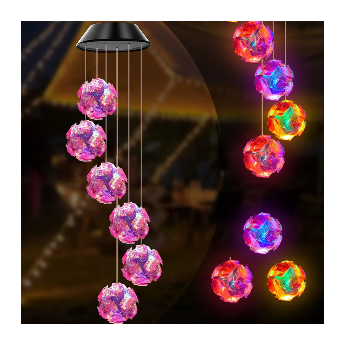 Peach Forest Solarleuchte mit farbwechselndem LED-Licht und rosa bestickter Kugel-Blumen-Windspiel für den Außenbereich - Bild 6
