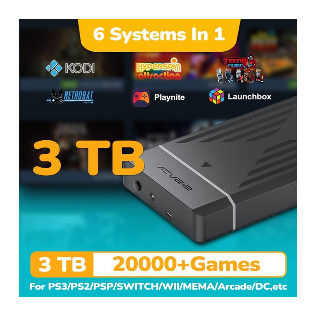 PEAPRIT Tragbare Gaming-Festplatte mit 3TB Speicher und 20000 Retro-Spielen in Schwarz für PS3, PS2, PS1, PSP, Switch und Wii - Bild 1