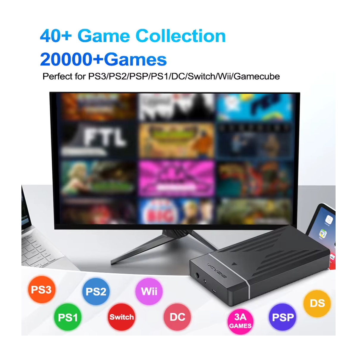 PEAPRIT Tragbare Gaming-Festplatte mit 3TB Speicher und 20000 Retro-Spielen in Schwarz für PS3, PS2, PS1, PSP, Switch und Wii - Bild 2