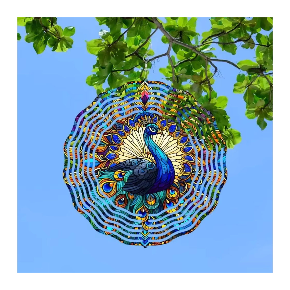 PeaRooster Buntglas-Windspiel mit Pfauen-Design in Multicolor als 3D-Gartenkunst mit 360 Grad drehbarem Haken - Bild 3