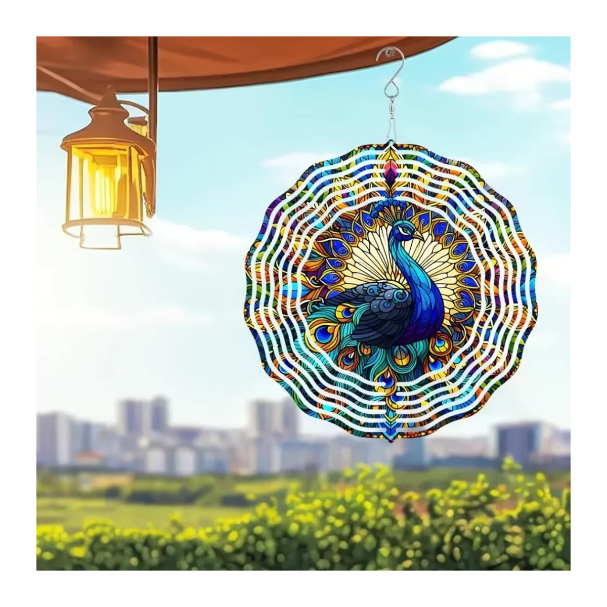 PeaRooster Buntglas-Windspiel mit Pfauen-Design in Multicolor als 3D-Gartenkunst mit 360 Grad drehbarem Haken - Bild 4
