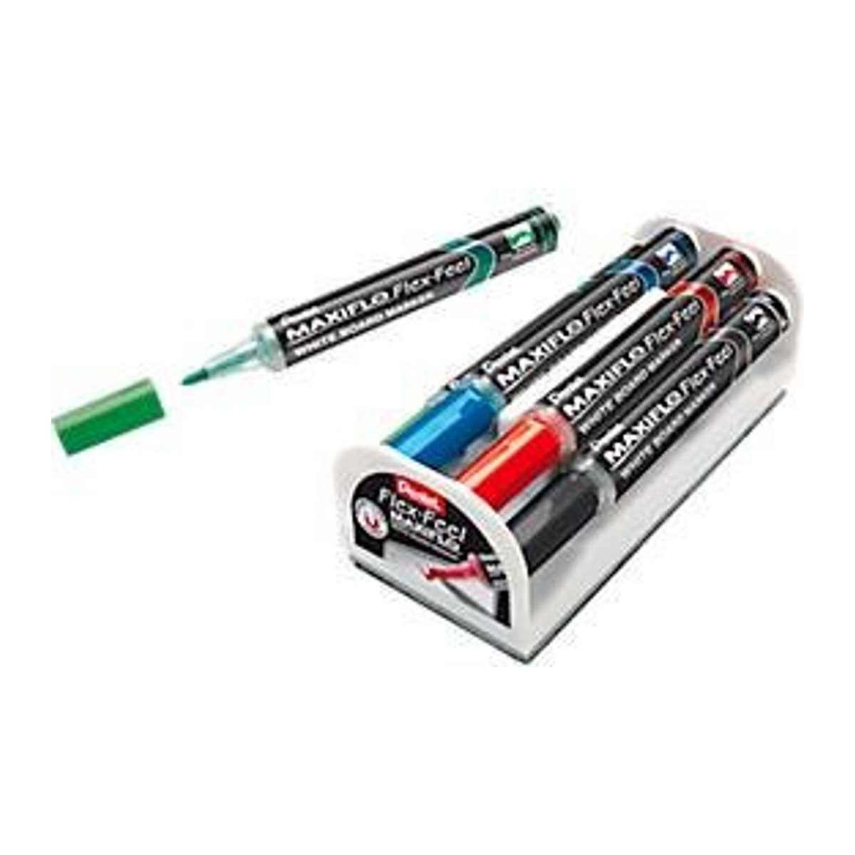 Pentel Maxiflo Flex-Feel Whiteboardmarker Set mit Rundspitze, variabler Strichstärke und Pumpsystem, farbsortiert in Schwarz, Rot, Blau und Grün inklusive Halterung, Magnet und Schwamm - Bild 2