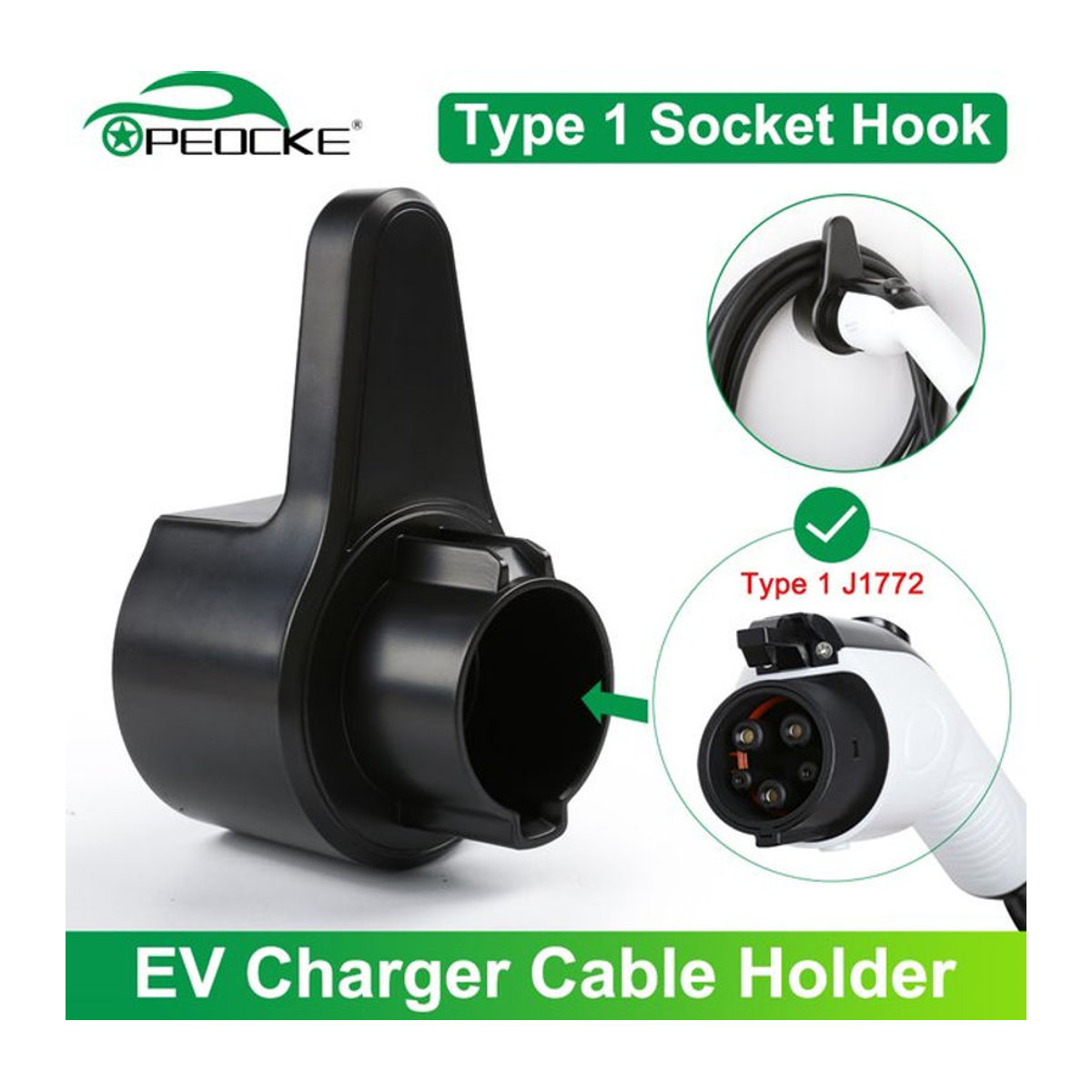 Peocke EV-Ladegerät-Halter für Elektroauto-Ladekabel Typ 1 J1772 Wallbox-Halterung in Schwarz aus Kunststoff - Bild 1