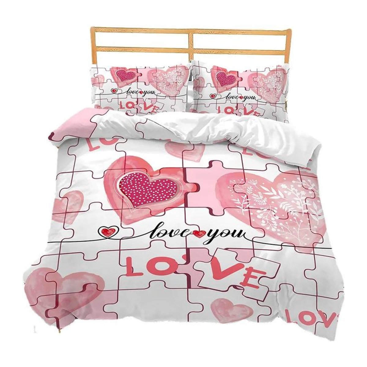 Personalisierbares 3D Bettwäscheset aus Leinen mit Herz-Design für Valentinstag und Hochzeiten, B/H: 135 x 200 cm - Bild 1