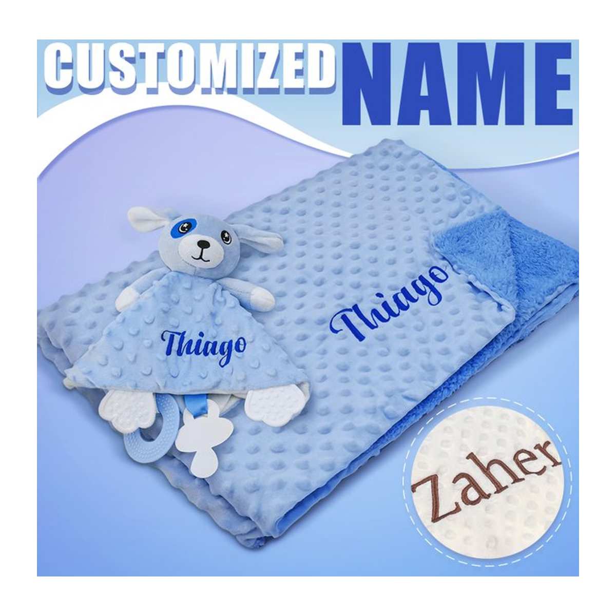 Personalisierte Babydecke mit Namen NanBeiCat in Blau – Weiches 2-in-1 Minky Dot Set aus Babydecke und Schmusetuch für Jungen und Mädchen - Bild 1