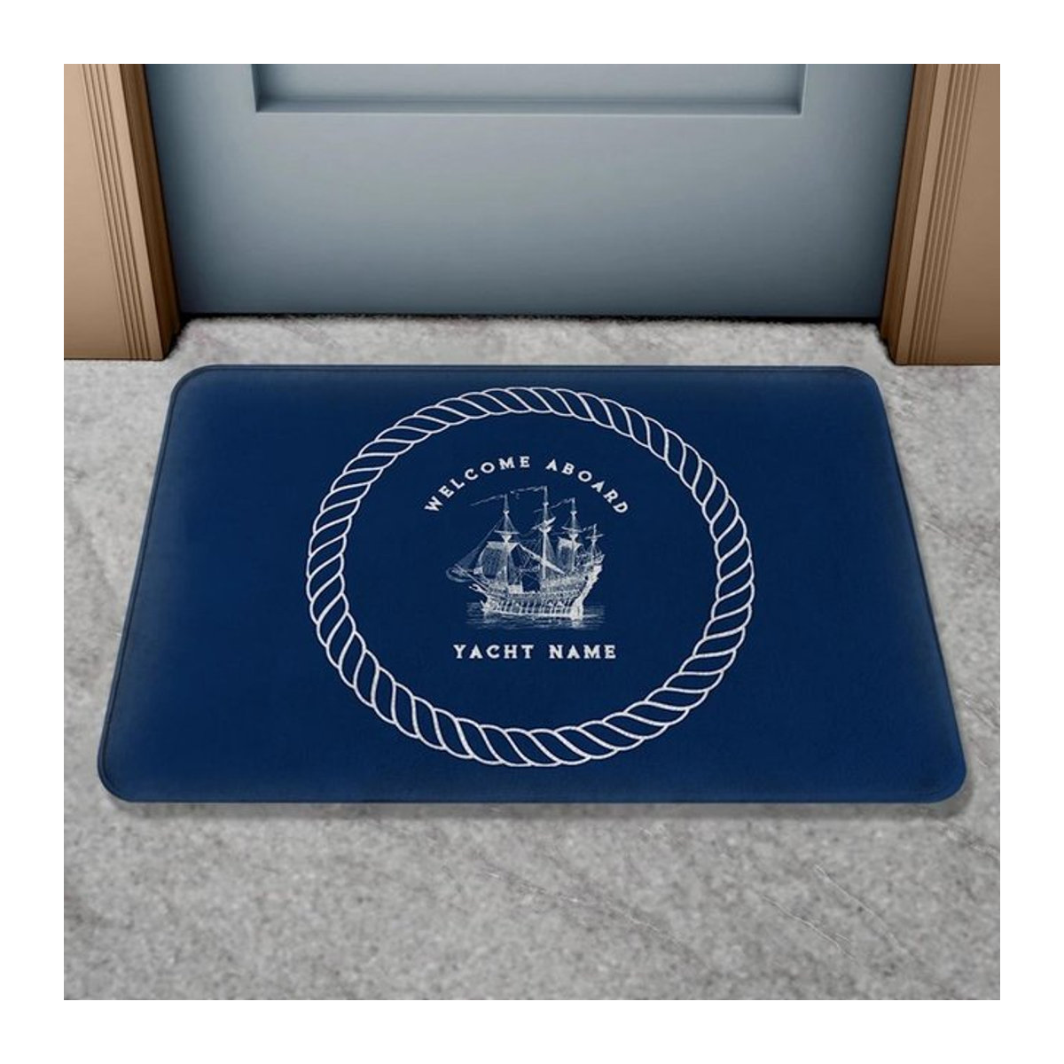 Personalisierte Bootsname Fußmatte mit nautischem Design Anker Kompass Schiffsrad in Blau B/B: 50 x 80 cm - Bild 1