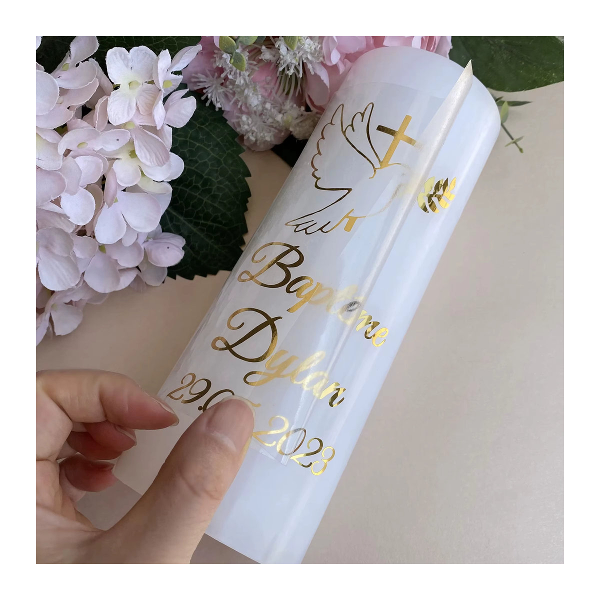 Personalisierte Gold Kreuz Dove Vinyl Aufkleber für Baby Taufe Hochzeit und Namensgebung - Bild 2