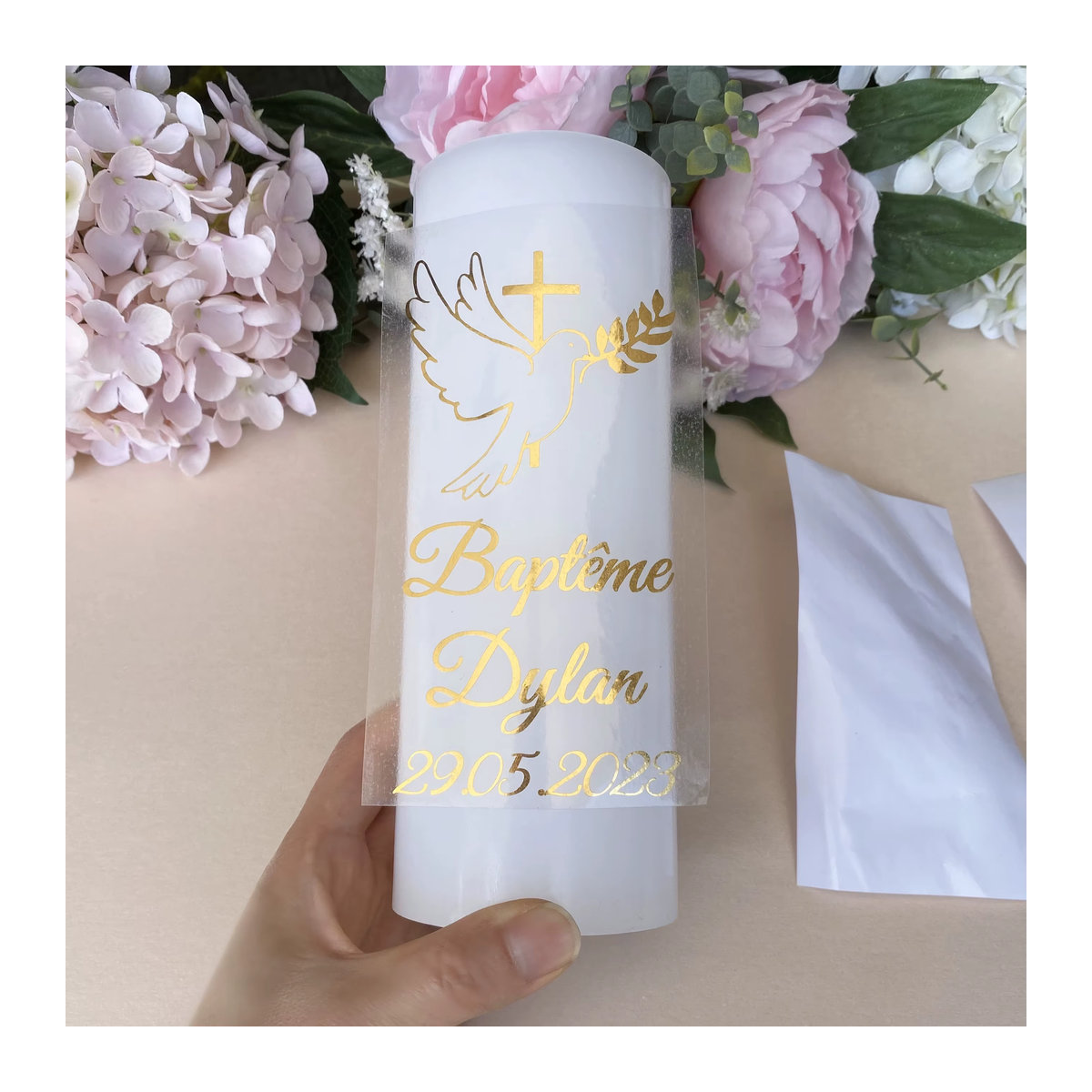 Personalisierte Gold Kreuz Dove Vinyl Aufkleber für Baby Taufe Hochzeit und Namensgebung - Bild 5