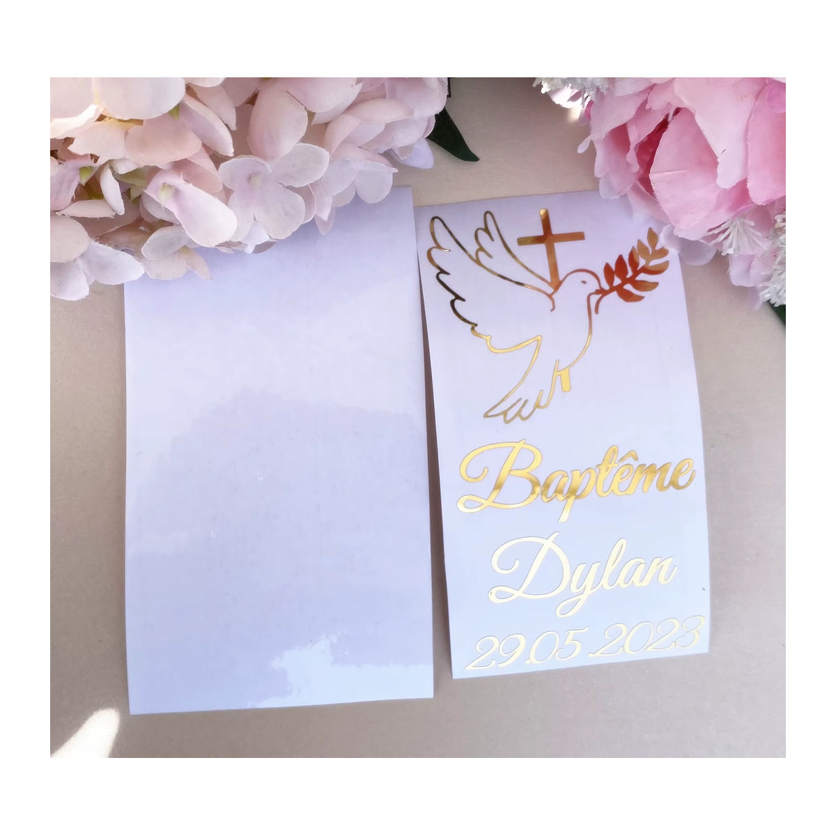 Personalisierte Meine Taufe Vinyl-Aufkleber mit goldenem Tauben-Kreuz-Motiv für Stumpenkerzen in Gold oder Silber - Bild 2