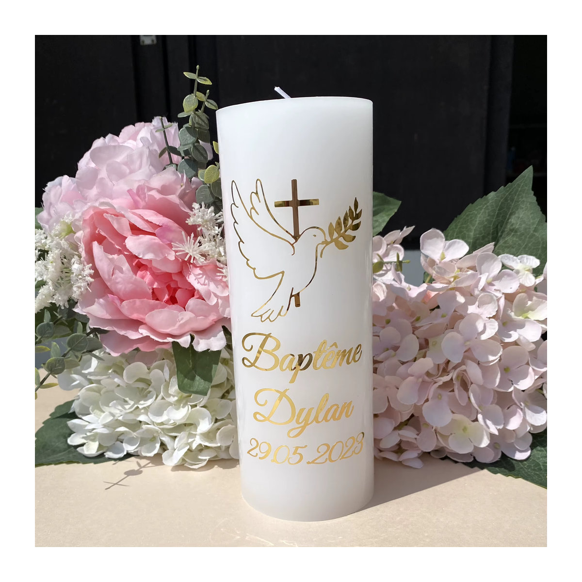 Personalisierte Meine Taufe Vinyl-Aufkleber mit goldenem Tauben-Kreuz-Motiv für Stumpenkerzen in Gold oder Silber - Bild 3