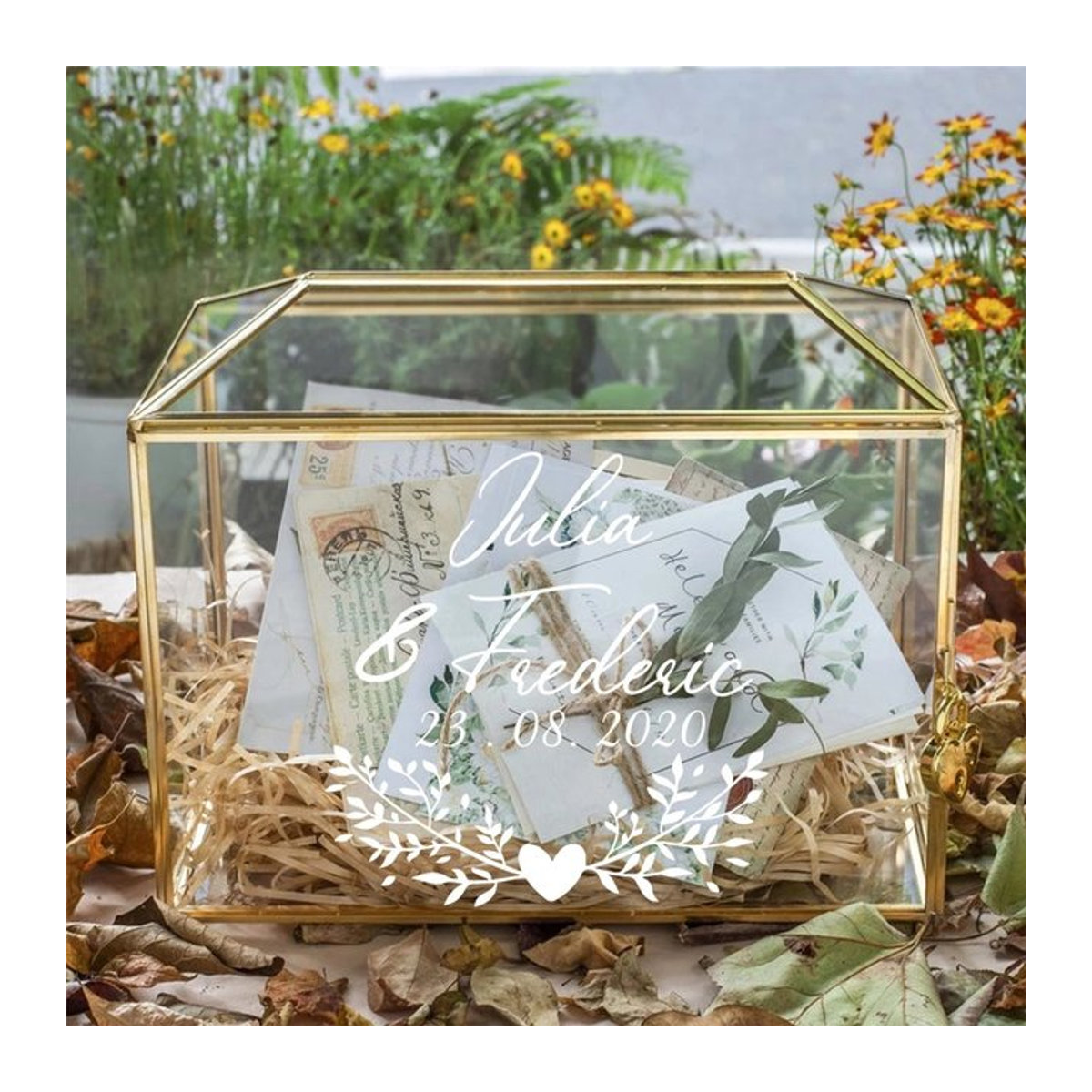 Personalisierte Vinyl Aufkleber für Hochzeitsboxen und Geschenke mit floralem Design in Transparent von Life Full of Cheer - Bild 1