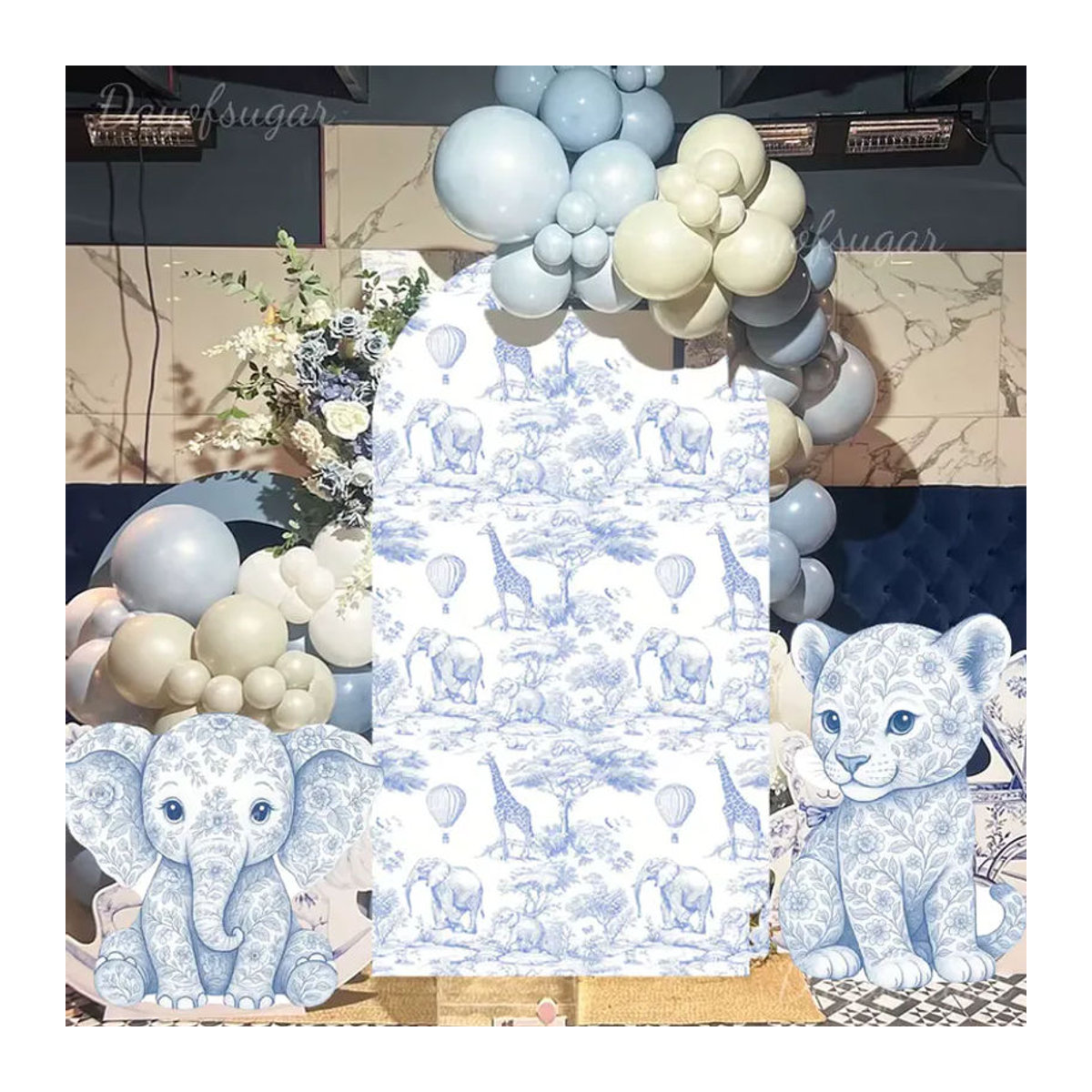 Personalisierter Dschungeltiere-Hintergrund aus MicroPlush mit Tierprint in Blau, Kulisse für Babyparty und Geburtstag, Breite: 120 cm, Höhe: 61 cm - Bild 4