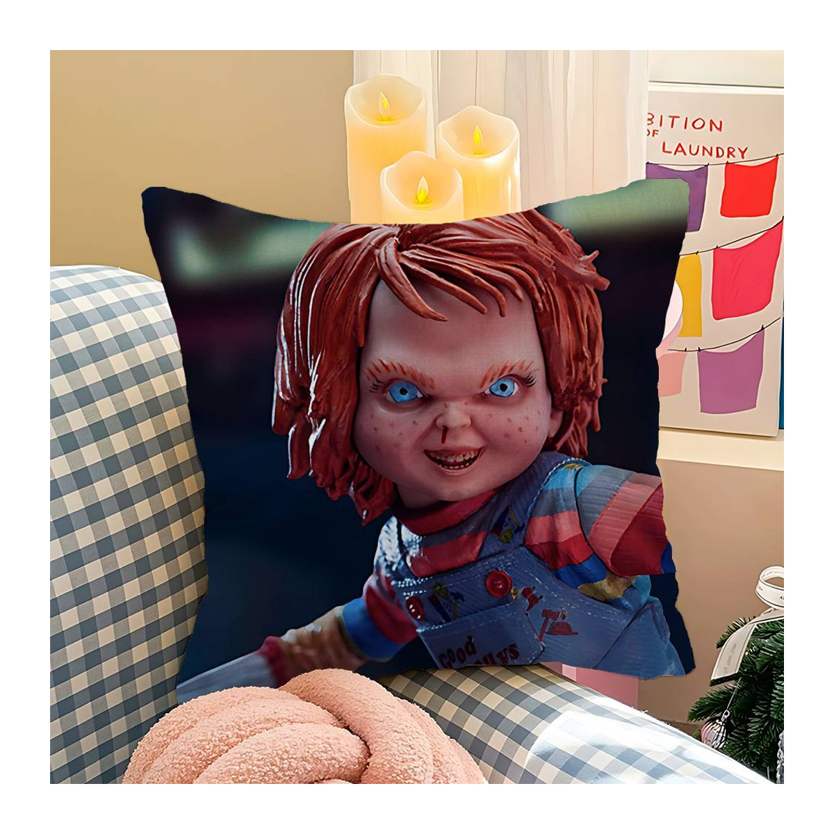 Personalisierter Kissenbezug im Horrorfilm-Design für Kinder als Partydekoration oder Geschenk, Material Peach Skin, B/H: 18 x 18 cm - Bild 1
