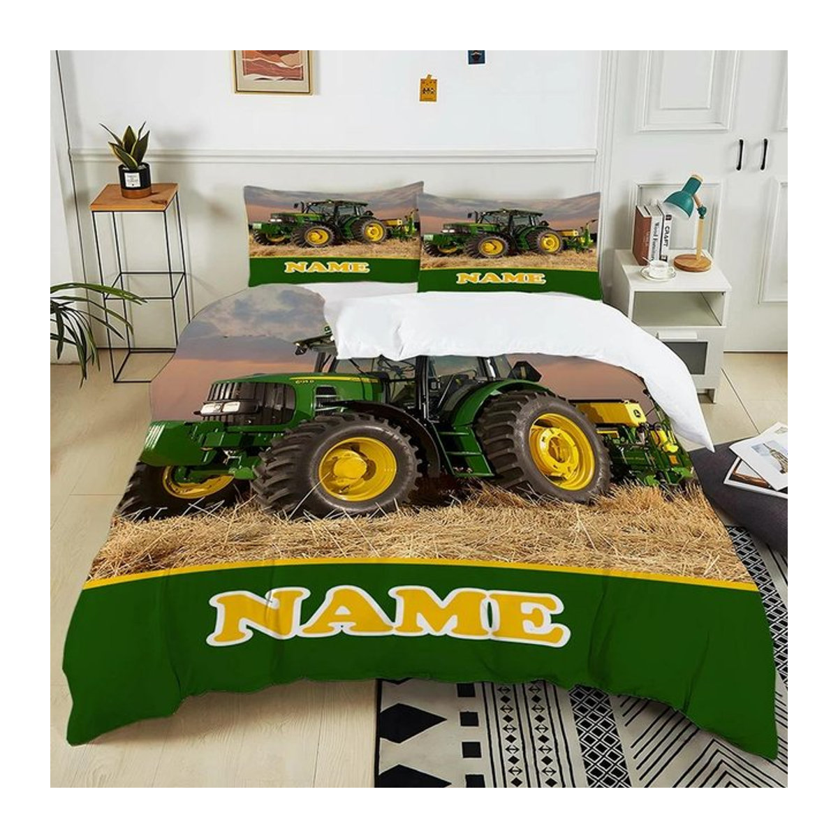 Personalisiertes 3-teiliges Bettwäsche-Set mit Retro-Traktor-Muster für Kinder und Erwachsene, B/B: 135 x 200 cm - Bild 1