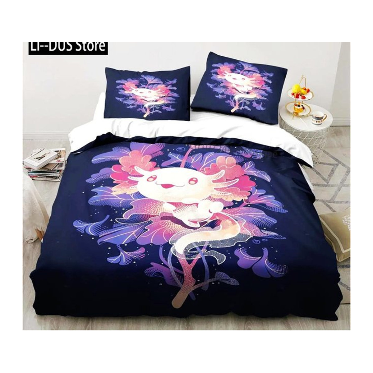 Personalisiertes 3-teiliges Bettwäscheset mit Kawaii Axolotl Weihnachtsmotiv, Bettbezug und Kissenbezug, B/H: 135 x 200 cm - Bild 1