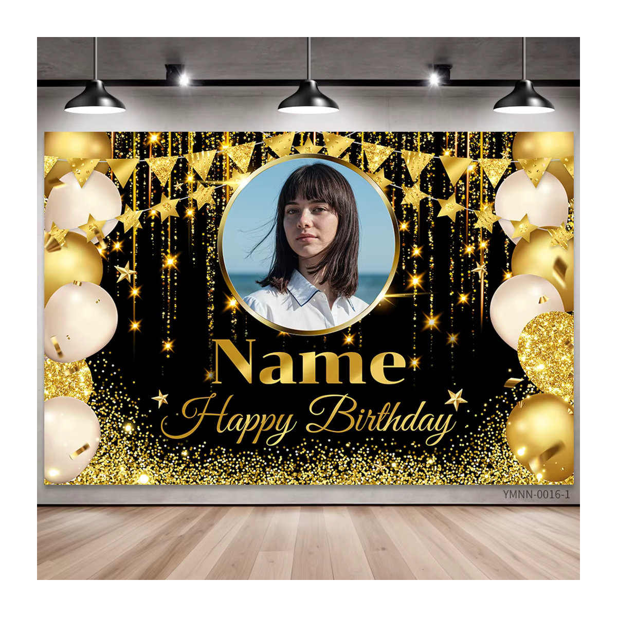 Personalisiertes Geburtstag Banner von Sylvia Home in Schwarz und Gold mit Glitzerlichtern zur Wanddekoration - Bild 2