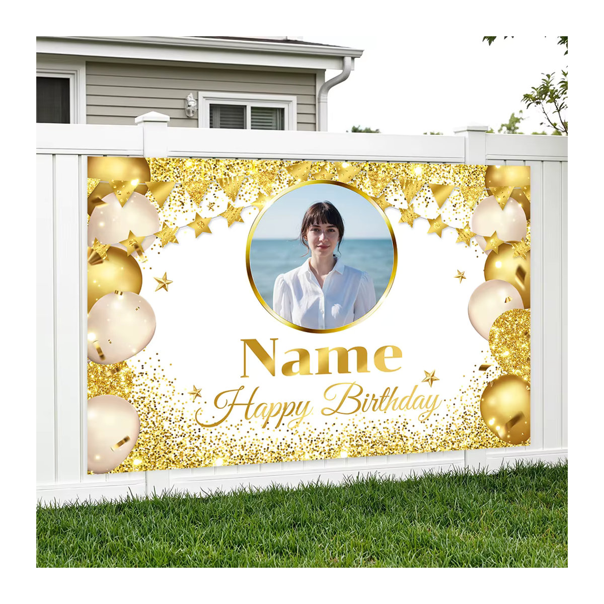 Personalisiertes Geburtstag Banner von Sylvia Home in Schwarz und Gold mit Glitzerlichtern zur Wanddekoration - Bild 3
