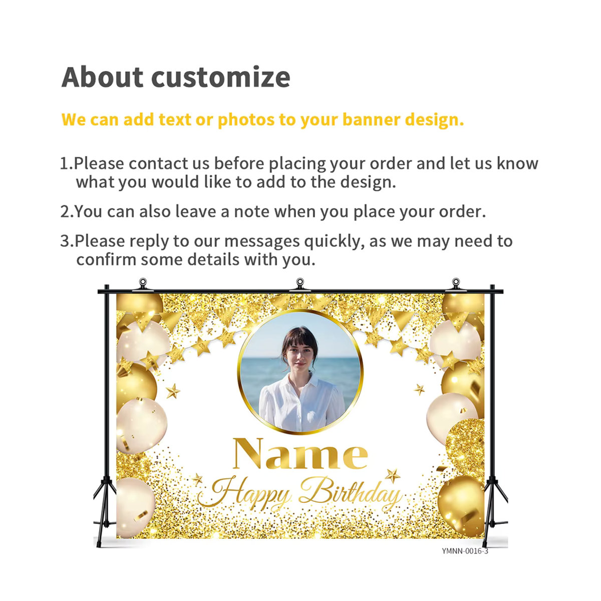 Personalisiertes Geburtstag Banner von Sylvia Home in Schwarz und Gold mit Glitzerlichtern zur Wanddekoration - Bild 4