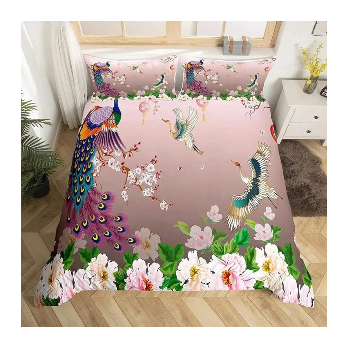 Pfau Bettwäsche Set King Size mit Blumenmuster und Pfauenfeder-Design, Bettbezug und Bettdecke mit Reißverschluss, B/H: 133 x 200 cm (Hinweis: Die Angabe 70x133cm im Original wurde als Teil der Maße interpretiert, jedoch ist für King Size ein Standardmaß - Bild 1