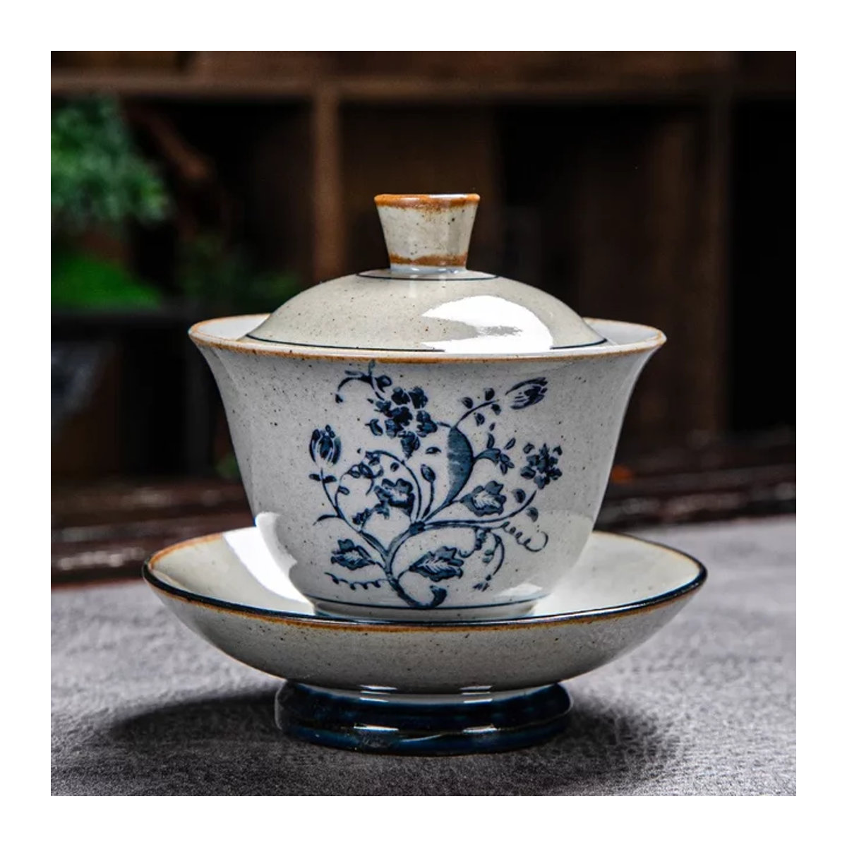 PGY Gaiwan Keramik Schale handbemalt Vintage Blau Weiß Floral Kung Fu Tee-Set aus Steinzeug mit Deckel - Bild 1