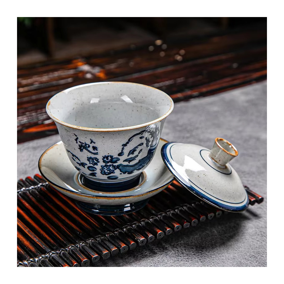 PGY Gaiwan Keramik Schale handbemalt Vintage Blau Weiß Floral Kung Fu Tee-Set aus Steinzeug mit Deckel - Bild 2