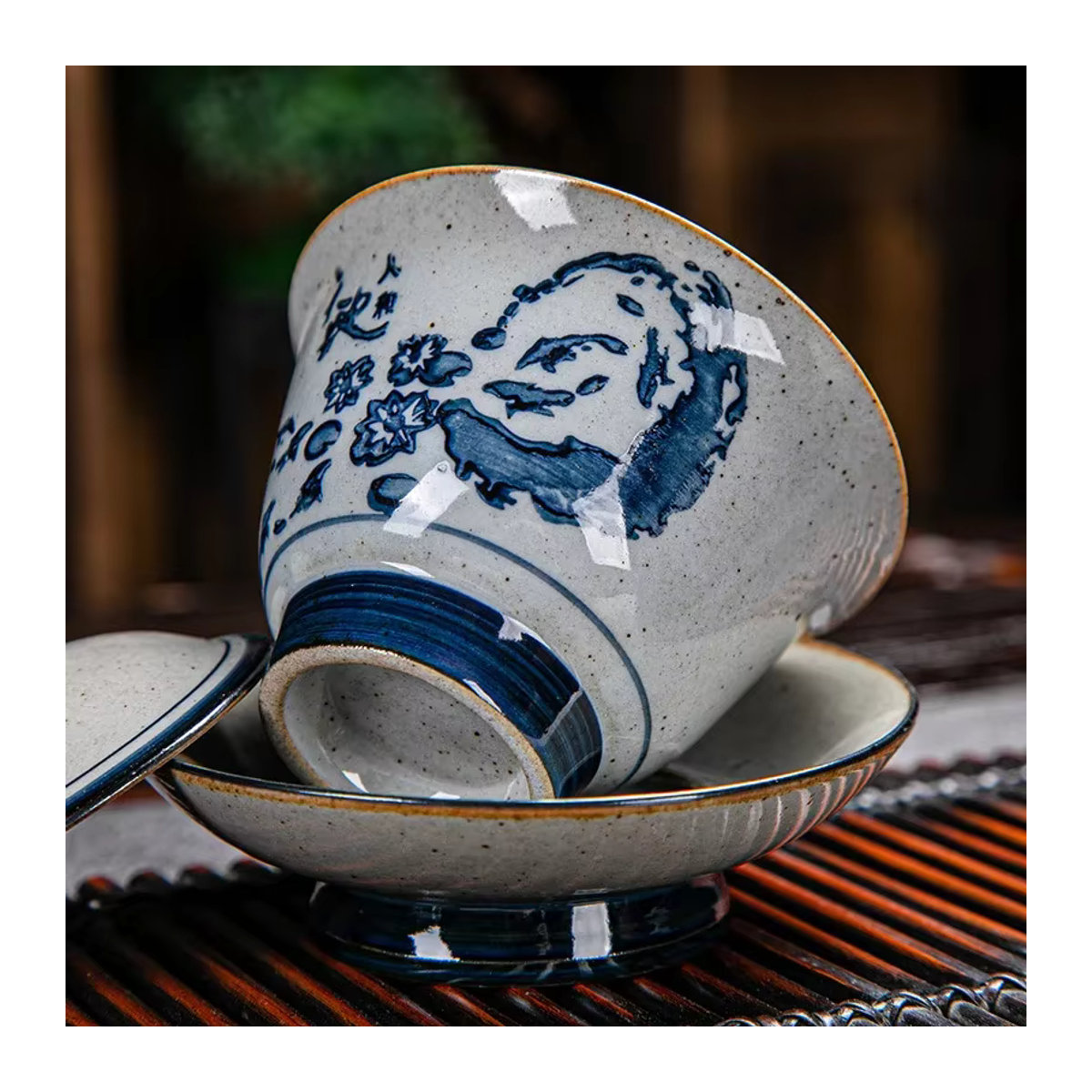 PGY Gaiwan Keramik Schale handbemalt Vintage Blau Weiß Floral Kung Fu Tee-Set aus Steinzeug mit Deckel - Bild 3