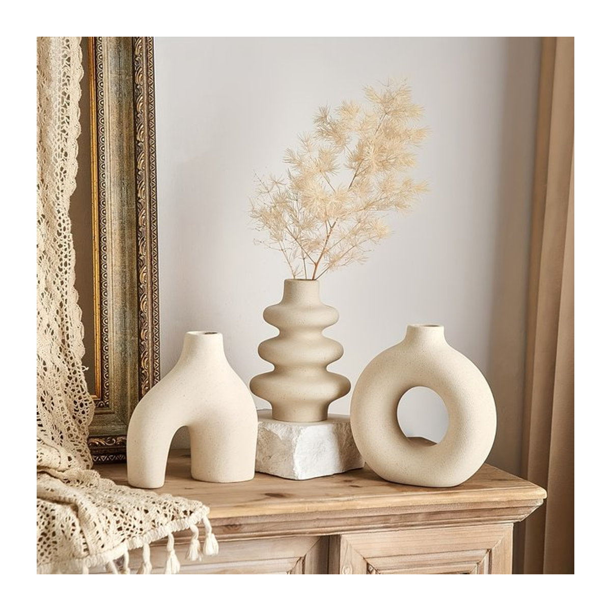 PGY Keramikvasenset im Bohemian Stil, 3er Set dekorative Vasen in Weiß und Beige mit geometrischem Design - Bild 1