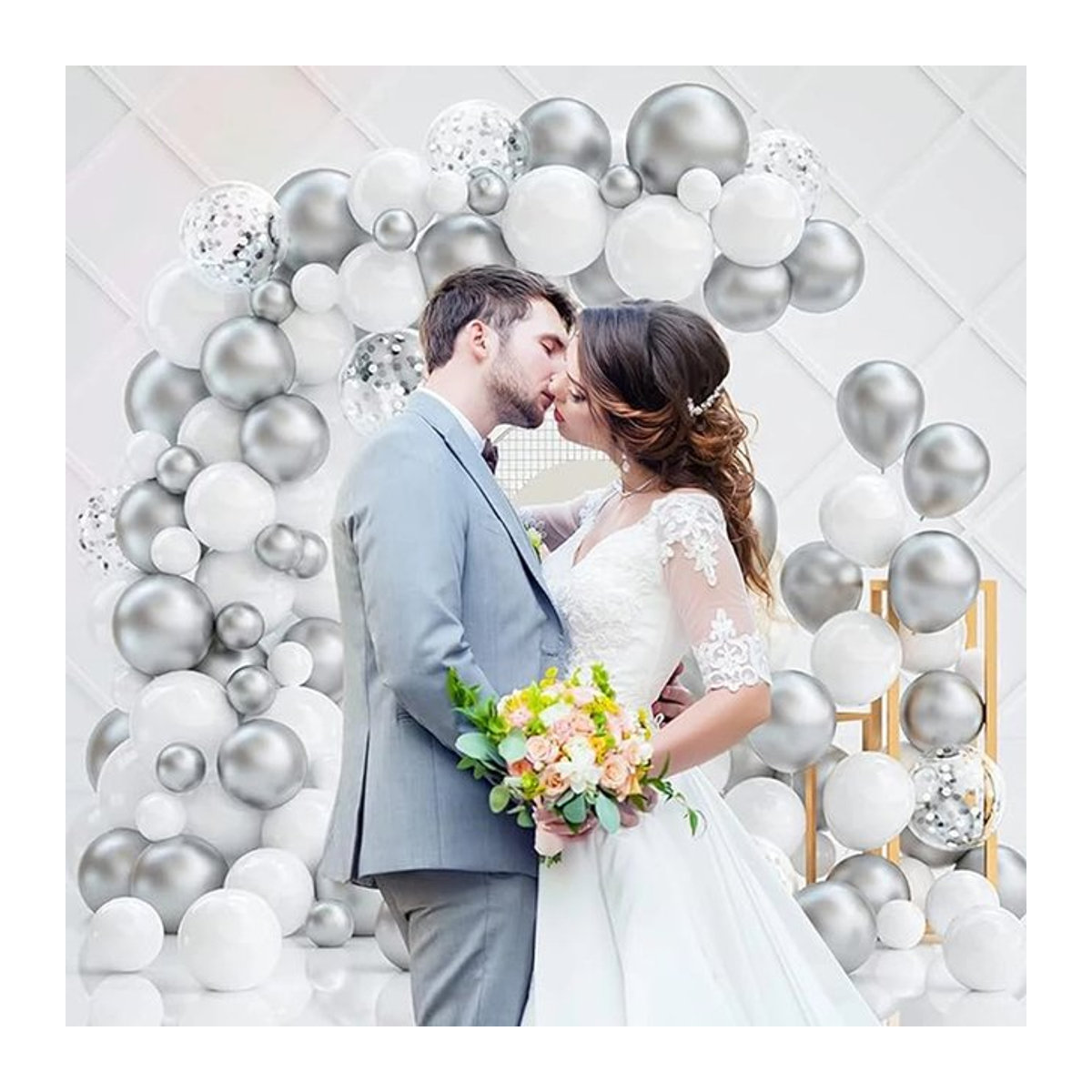 PGY Luftballon Girlande Set in Weiß und Metallic Silber mit Konfetti für Geburtstag, Hochzeit und Kinderfeier - Bild 1