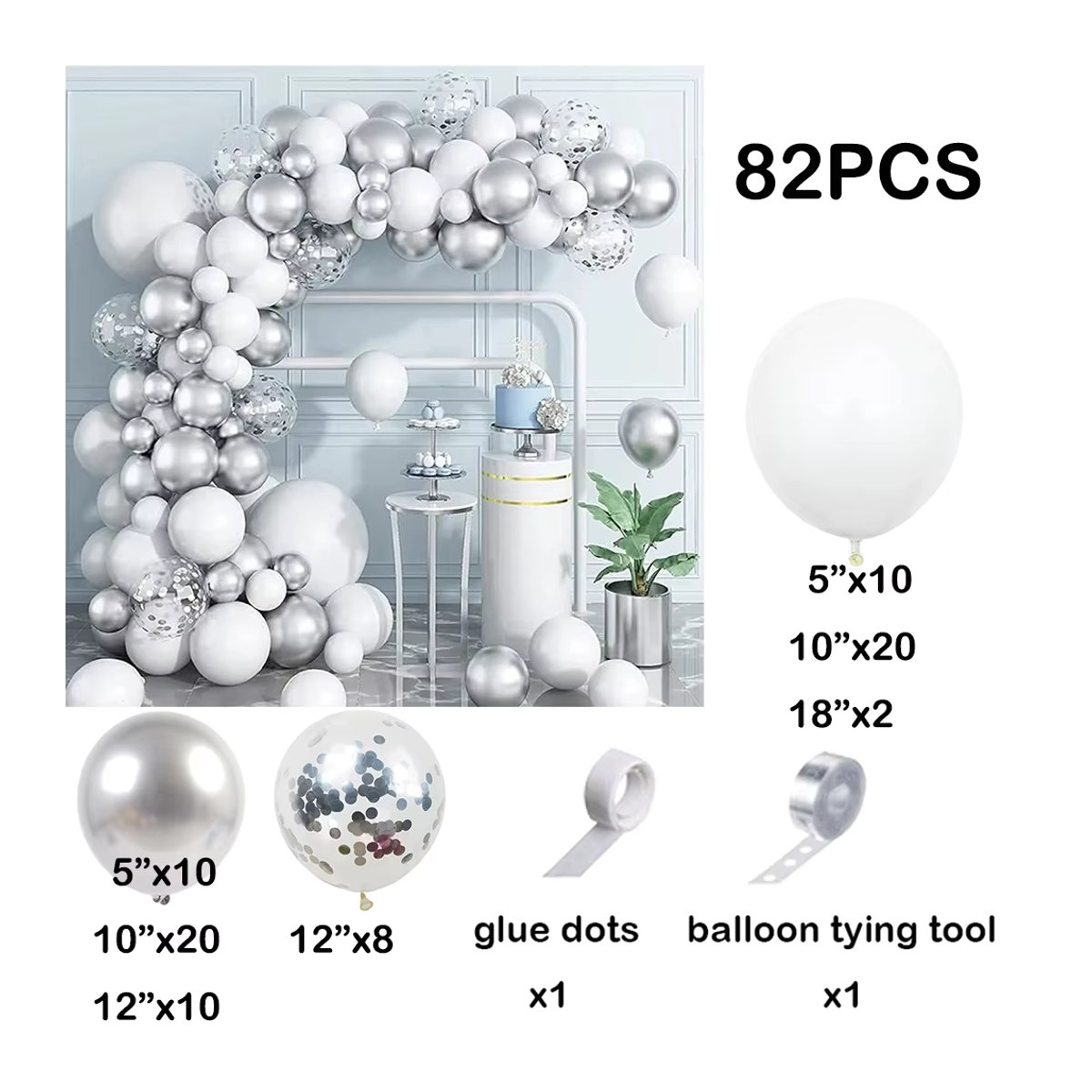 PGY Luftballon Girlande Set in Weiß und Metallic Silber mit Konfetti für Geburtstag, Hochzeit und Kinderfeier - Bild 5