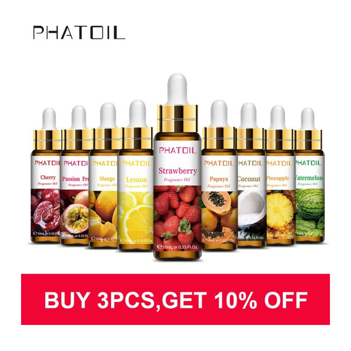 PHATOIL Fruchtduftöle Set mit Erdbeere, Kirsche, Ananas, Mango, Kokosnuss, Traube und Wassermelone, 10 ml Aromaöl für Kerzen und Seifen, mehrfarbig - Bild 1