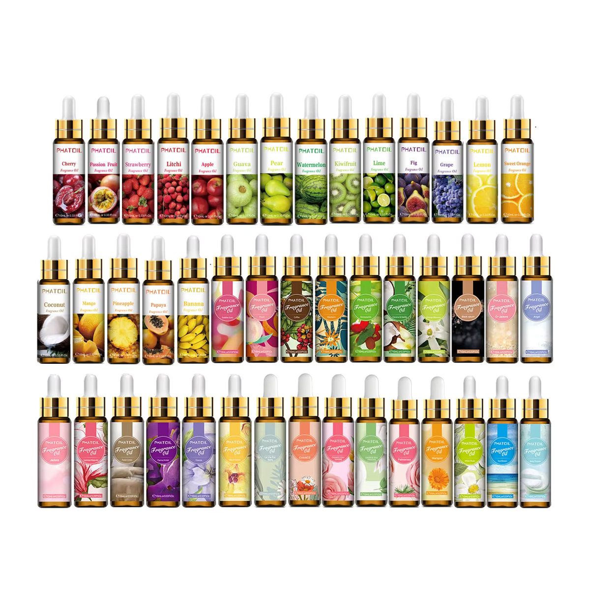 PHATOIL Fruchtduftöle Set mit Erdbeere, Kirsche, Ananas, Mango, Kokosnuss, Traube und Wassermelone, 10 ml Aromaöl für Kerzen und Seifen, mehrfarbig - Bild 4