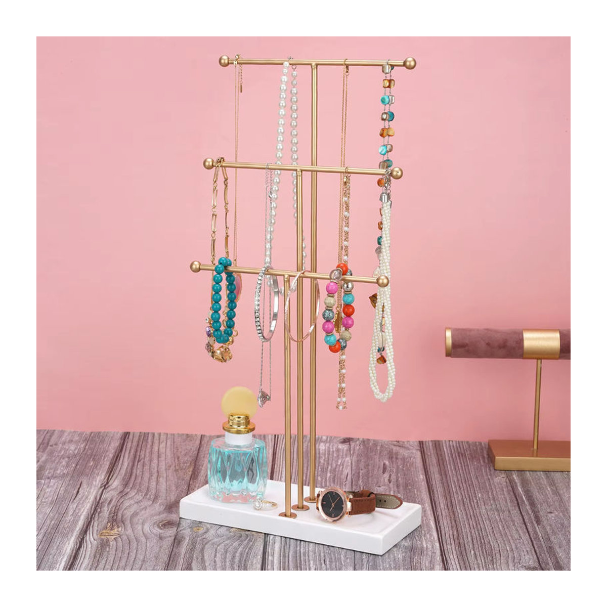 Phenovo 3-lagiger Schmuck-Turmständer aus Metall in Schwarz und Gold, mehrstufiger Display-Halter für Halsketten, Uhren, Armbänder und Ohrringe, minimalistischer Desktop-Organizer - Bild 3