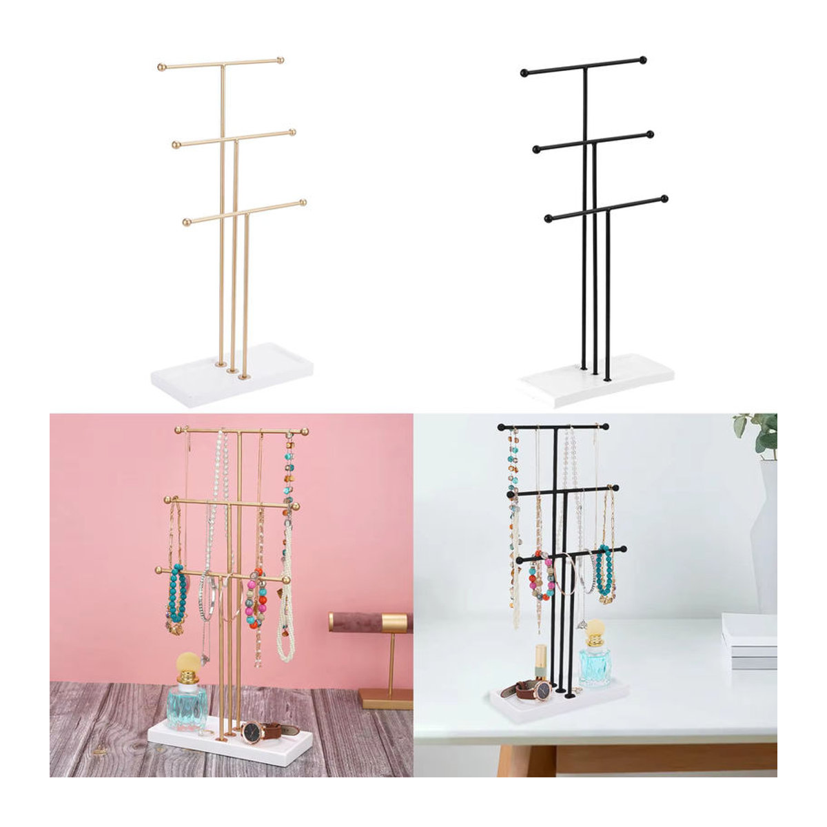 Phenovo 3-lagiger Schmuck-Turmständer aus Metall in Schwarz und Gold, mehrstufiger Display-Halter für Halsketten, Uhren, Armbänder und Ohrringe, minimalistischer Desktop-Organizer - Bild 4