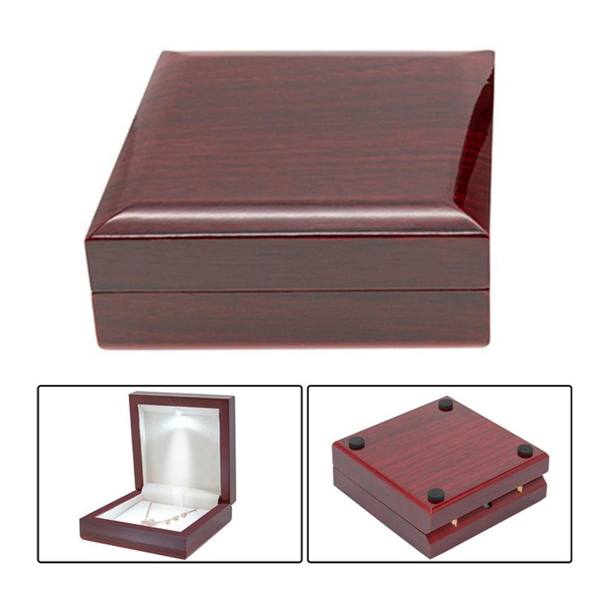 Phenovo Schmuckbox aus Holz mit LED-Beleuchtung und weichem Plüsch-Inlay in Braun - Bild 1