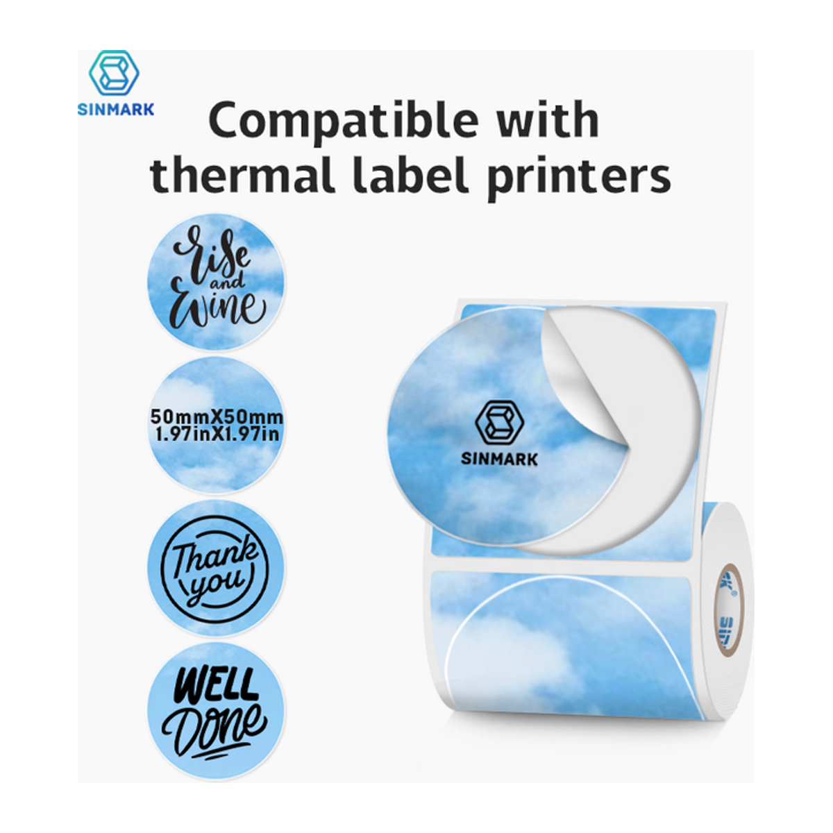 Phomemo Runde Thermo-Etiketten aus Papier, Design Blauer Himmel, Durchmesser: 50 mm, Blau - Bild 1