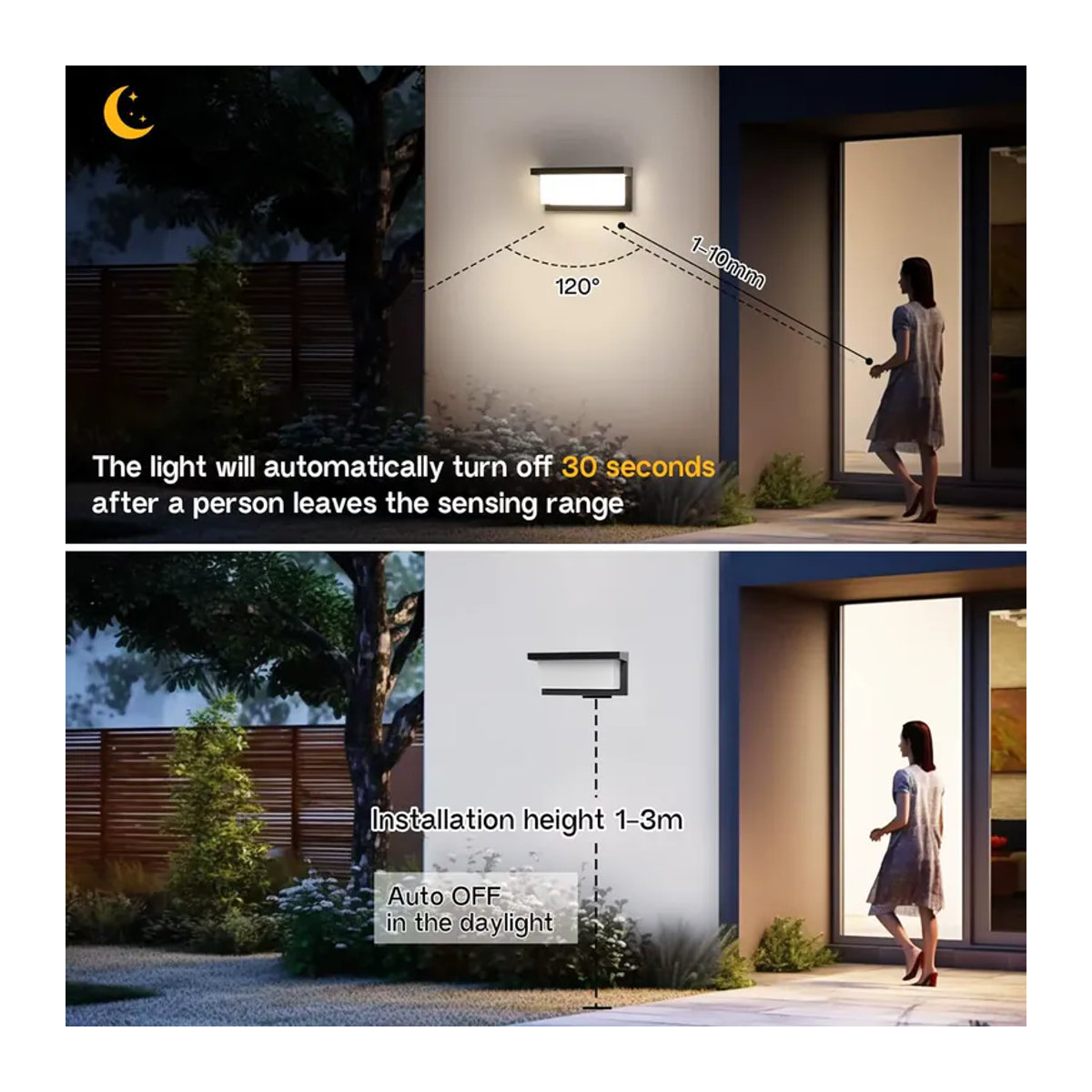 PIBAOGU 2er-Set LED-Wandleuchten mit PIR-Bewegungssensor, wasserdichte Außenlampen IP66 in Schwarz, modern für Garten, Veranda und Balkon - Bild 5