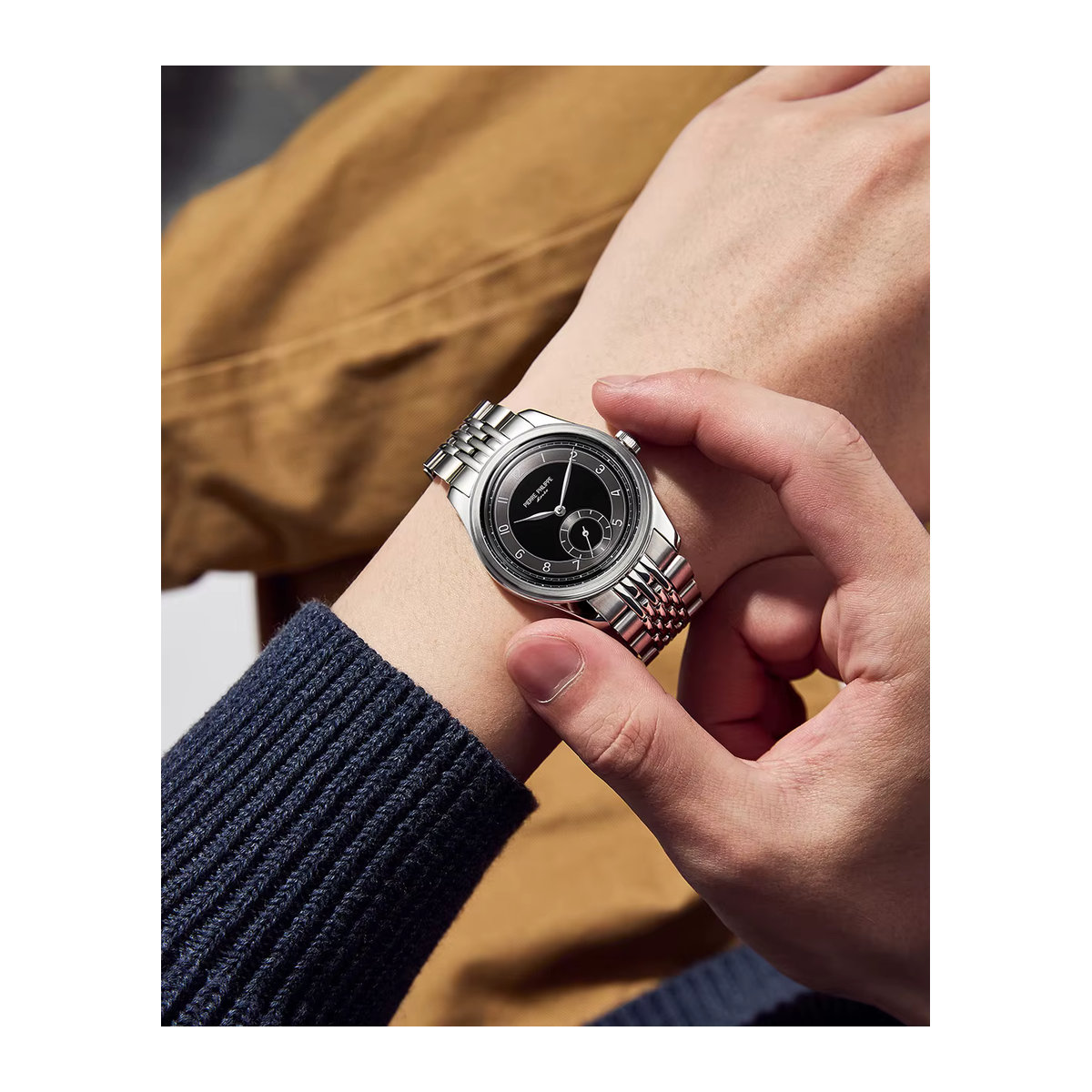 PIERRE PHILIPPE Herrenarmbanduhr im Retro-Stil mit mechanischem Handaufzug ST17-Uhrwerk, schwarzes Emaille-Zifferblatt und Pfeilzeigern, Farbe: Schwarz - Bild 5
