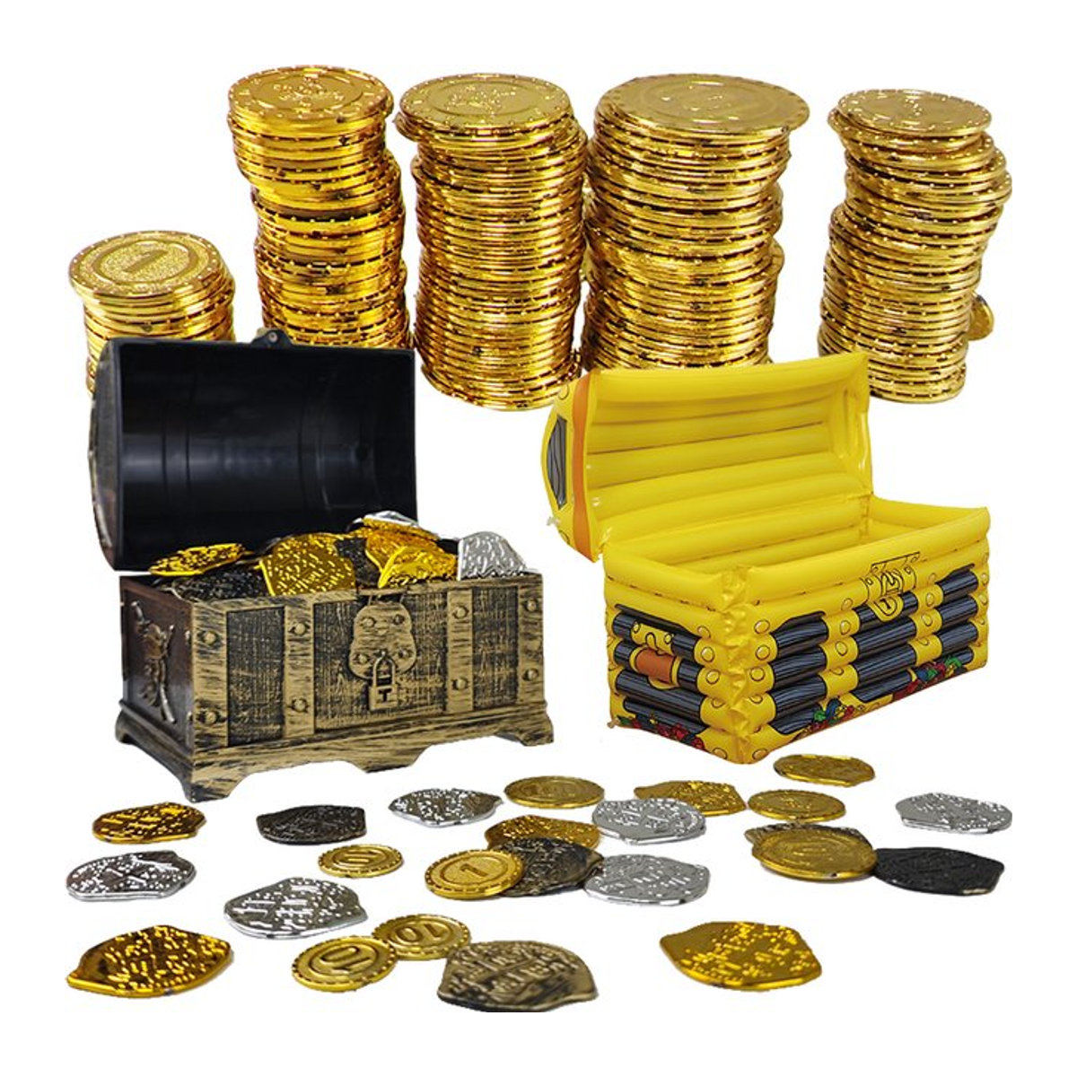 Piraten-Schatztruhe von PartiesTour mit Goldmünzen in Vintage-Optik für Kinder, Cosplay und Party-Dekoration, Farbe: Gold - Bild 1